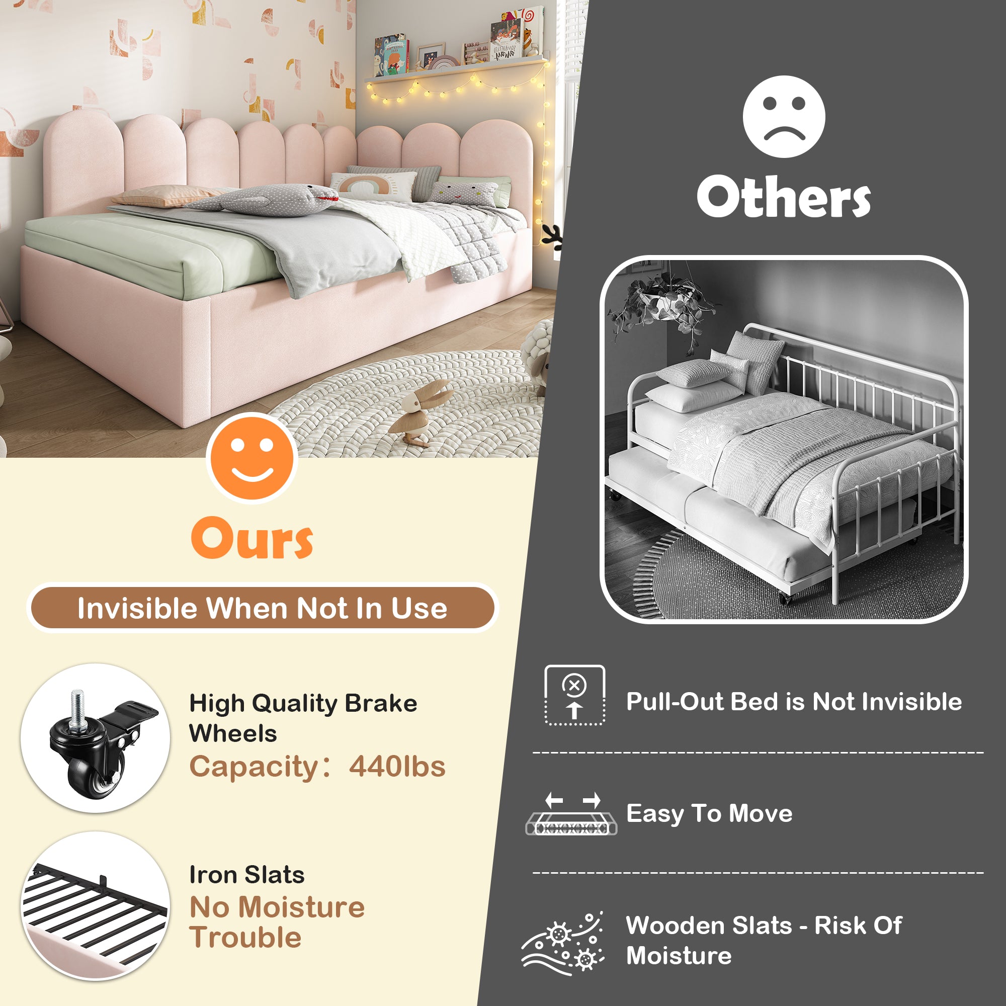 Upholstered Bed Daybed With Pull-Out Bed, 3FT Single Sofa Bed 90X190Cm,Guest Beds For Adults and Children, Bed With Metal Slatted Frame, Velvet, Pink (No Mattress)