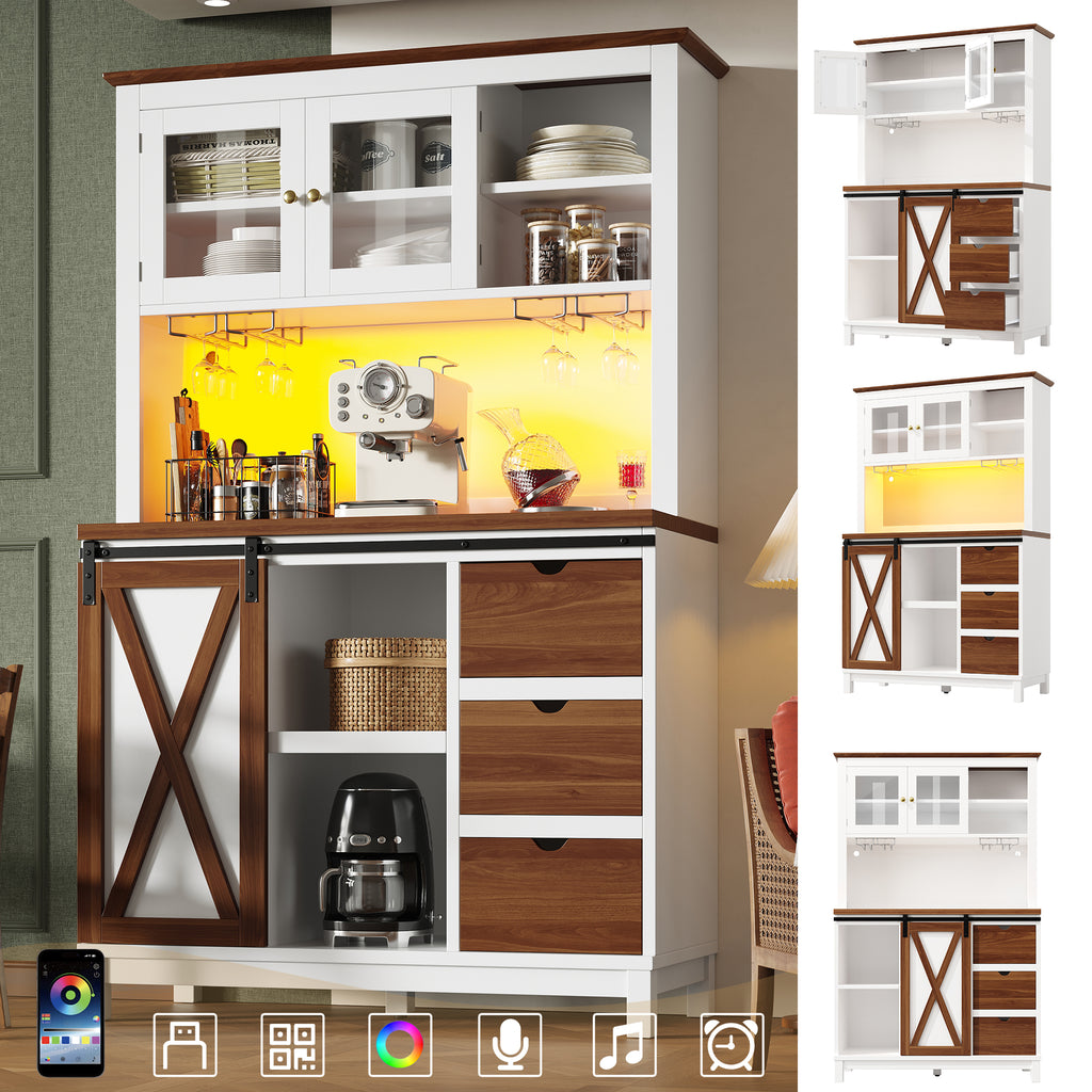 Modern tall cabinet with LED lighting & app control, kitchen cabinet or dining room cabinet with drawer, sideboard with sliding door and three drawers,White