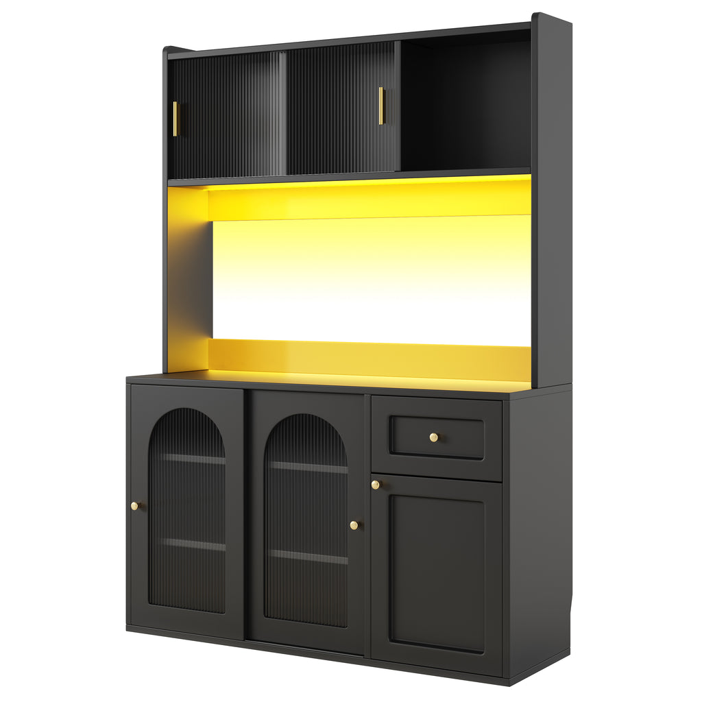 Kitchen Cabinet(120*35*167cm), Tall Cabinet, Display Cabinet, Buffet Cabinet with Adjustable Shelves, Dining Room Cabinet, Sideboard with LED Lighting, White/Black