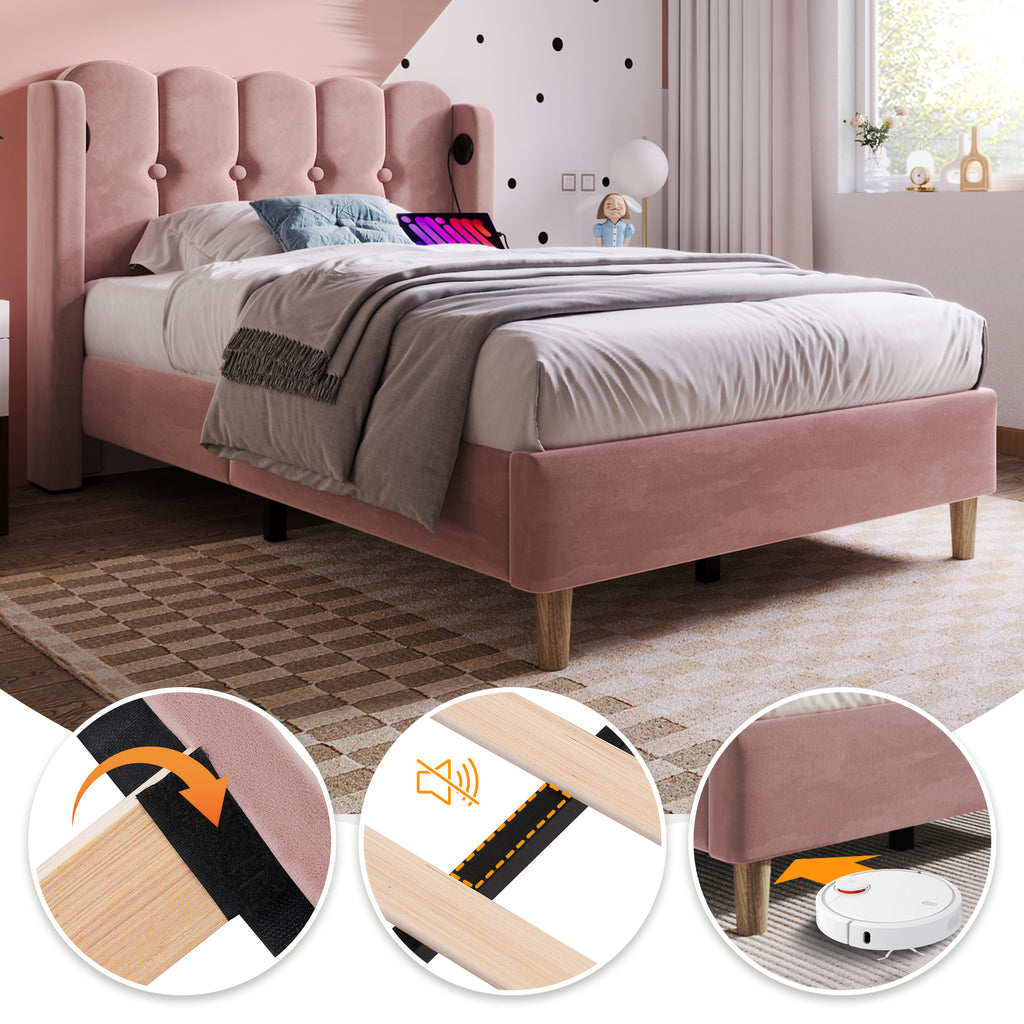 Upholstered Single Bed with USB and Type-C Charging, Bed Frame with Wooden Slatted Frame, Teenager Bed for Bedroom & Guest Room,3ft 90x 190 cm Bed Frame, Pink, Velvet Material (No Mattress).