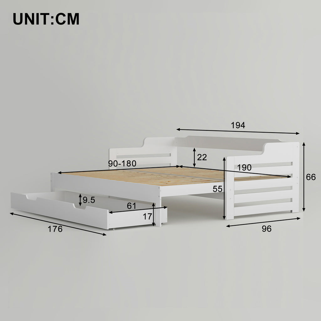 Daybed, Trundle and Drawer, Cabin Bed, SIngle Guest Bed Sofa Bed, Pull out Trundle and Storage Drawer for Living Room and Bedroom -  (3') 90 x190 cm - White