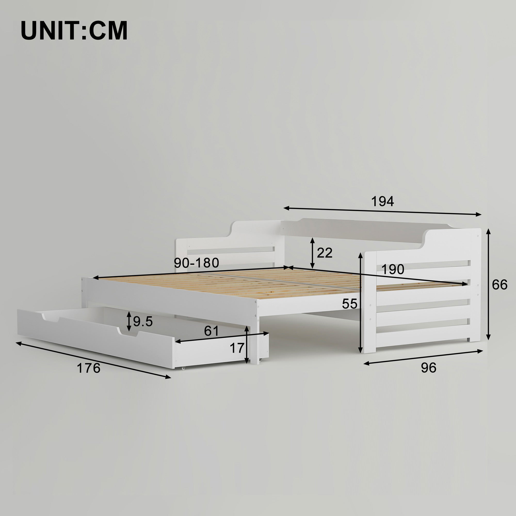 Daybed, Trundle and Drawer, Cabin Bed, SIngle Guest Bed Sofa Bed, Pull out Trundle and Storage Drawer for Living Room and Bedroom -  (3') 90 x190 cm - White