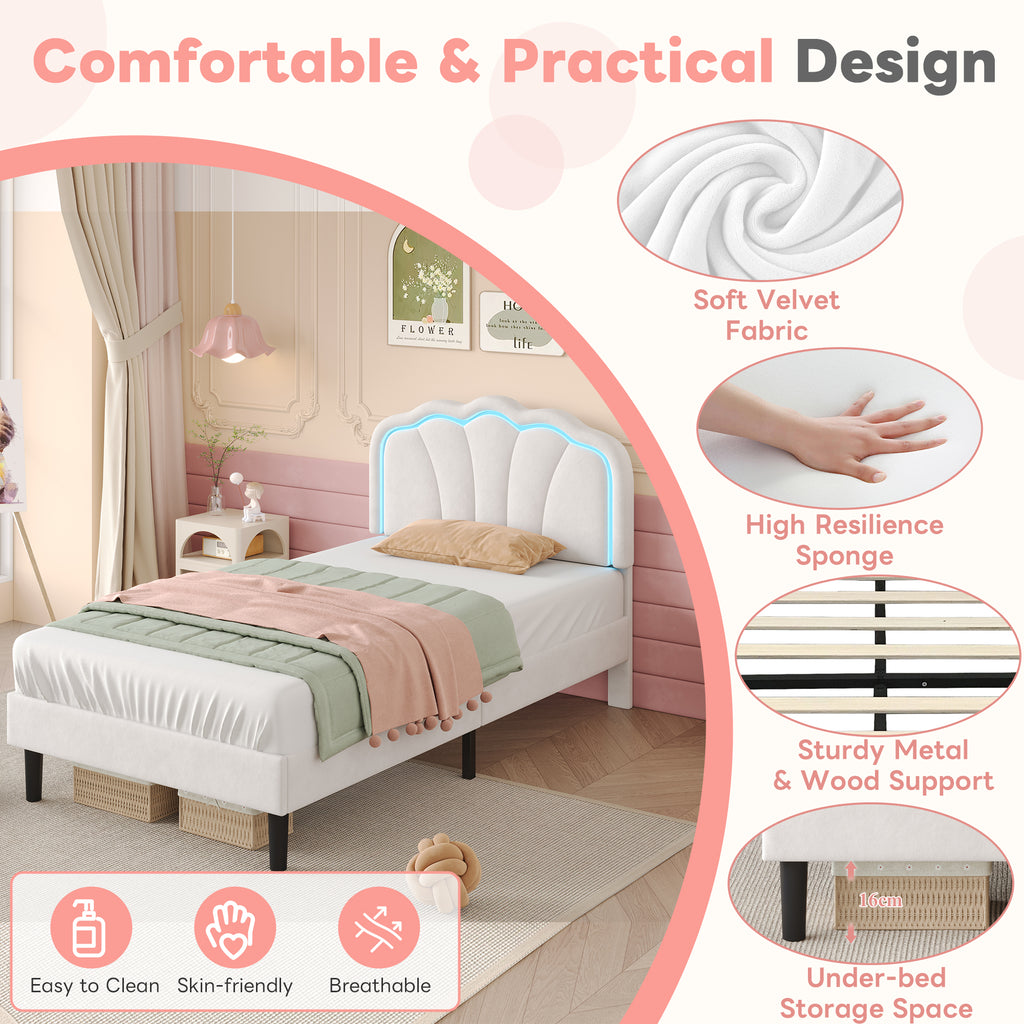 3ft Single Upholstered Bed with LED Adjustable Shell Shape Headboard, Soft Velvet Bed Frame with Solid Wood Slat, No Box Spring Needed, Easy Assembly, Cream White (No Mattress)