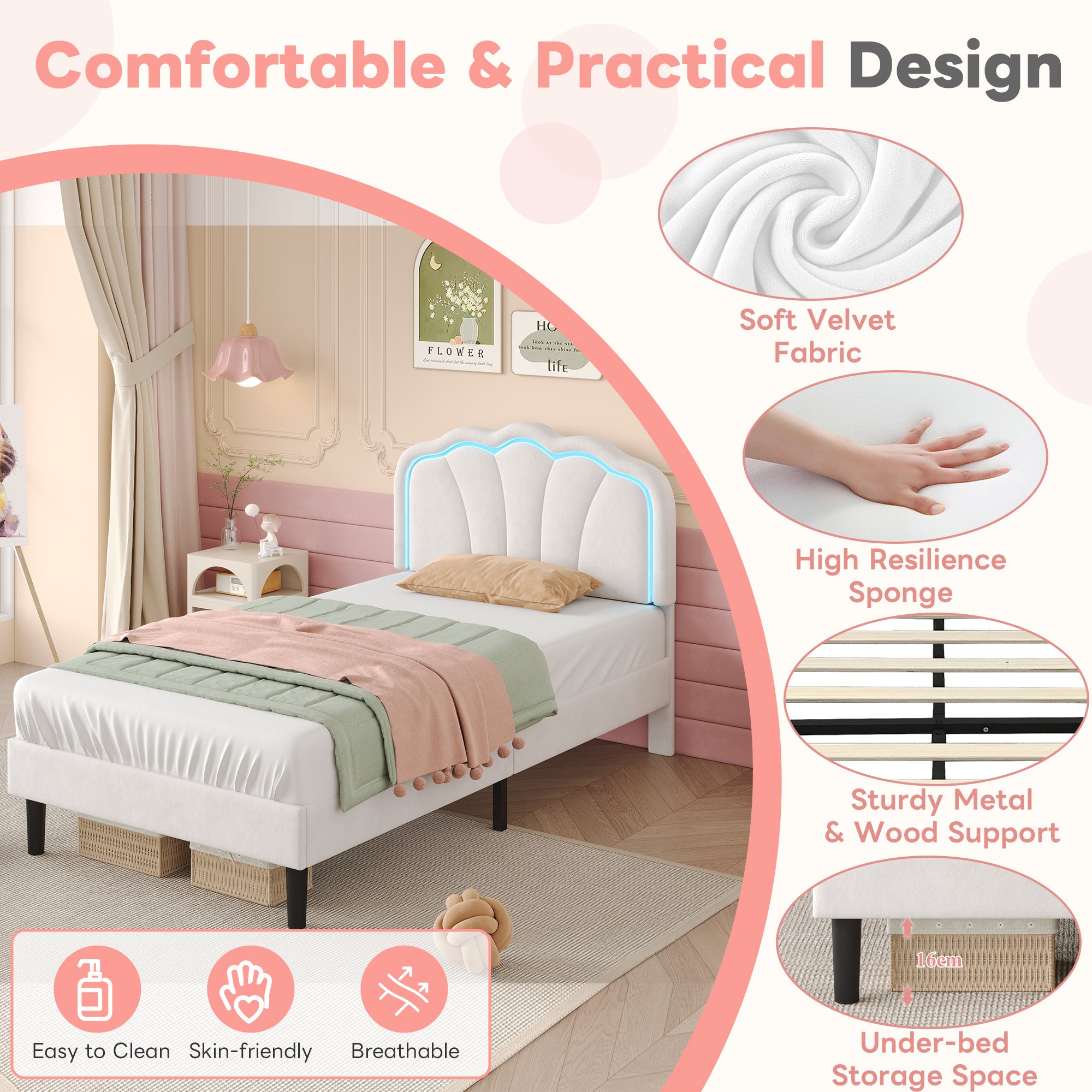 3ft Single Upholstered Bed with LED Adjustable Shell Shape Headboard, Soft Velvet Bed Frame with Solid Wood Slat, No Box Spring Needed, Easy Assembly, Cream White (No Mattress)