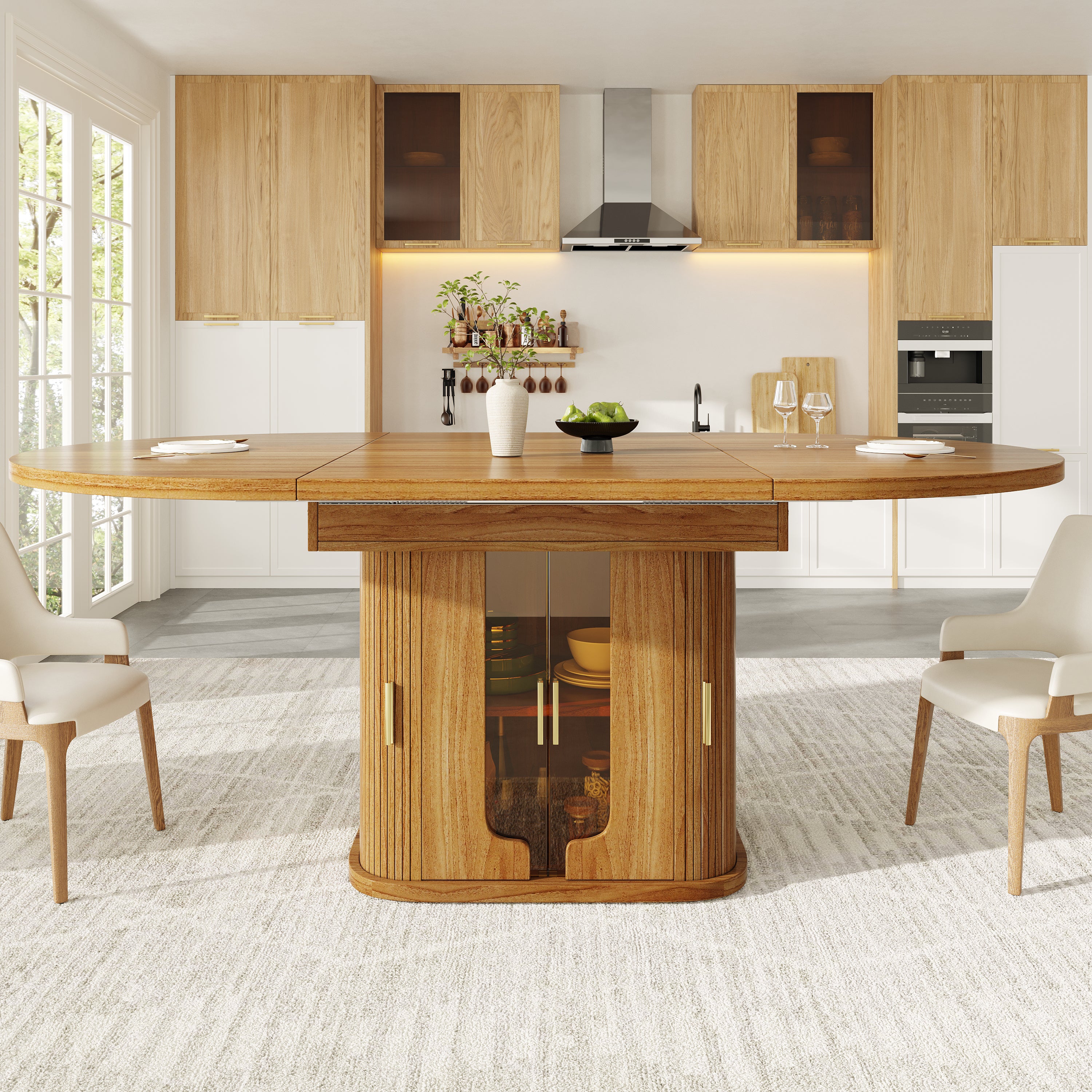 Extendable dining table, dining room table, kitchen table, round dining table, extends to oval, 118-158 cm, seats up to 6 people, dining table with glass doors, Walnut