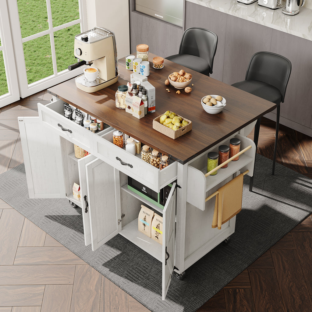 Farmhouse Style Rolling Kitchen Island Storage Trolley with Large Cabinet, 2 Drawers, Adjustable Shelf, Spice&Towel Rack, Dining Room Organiser Sideboard Cupboard Cabinet Cart, White