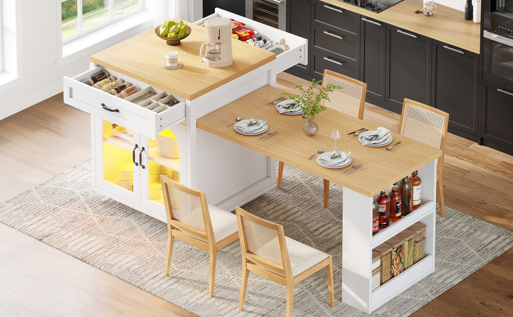 Extendable Kitchen Island with LED Lighting, Modern Storage Cabinet with 2 Drawers & Adjustable Shelves, Kitchen Sideboard with Fluted Glass Doors, MDF Kitchen Countertop for Dining Room