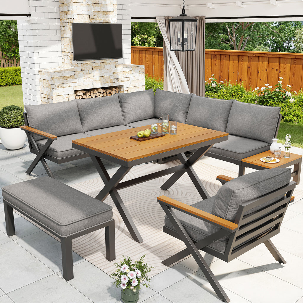 Outdoor Sofa Set with X-Shaped Metal Frame, 8cm Thick Cushions, Plastic Wood Armrests, for Patio & Garden