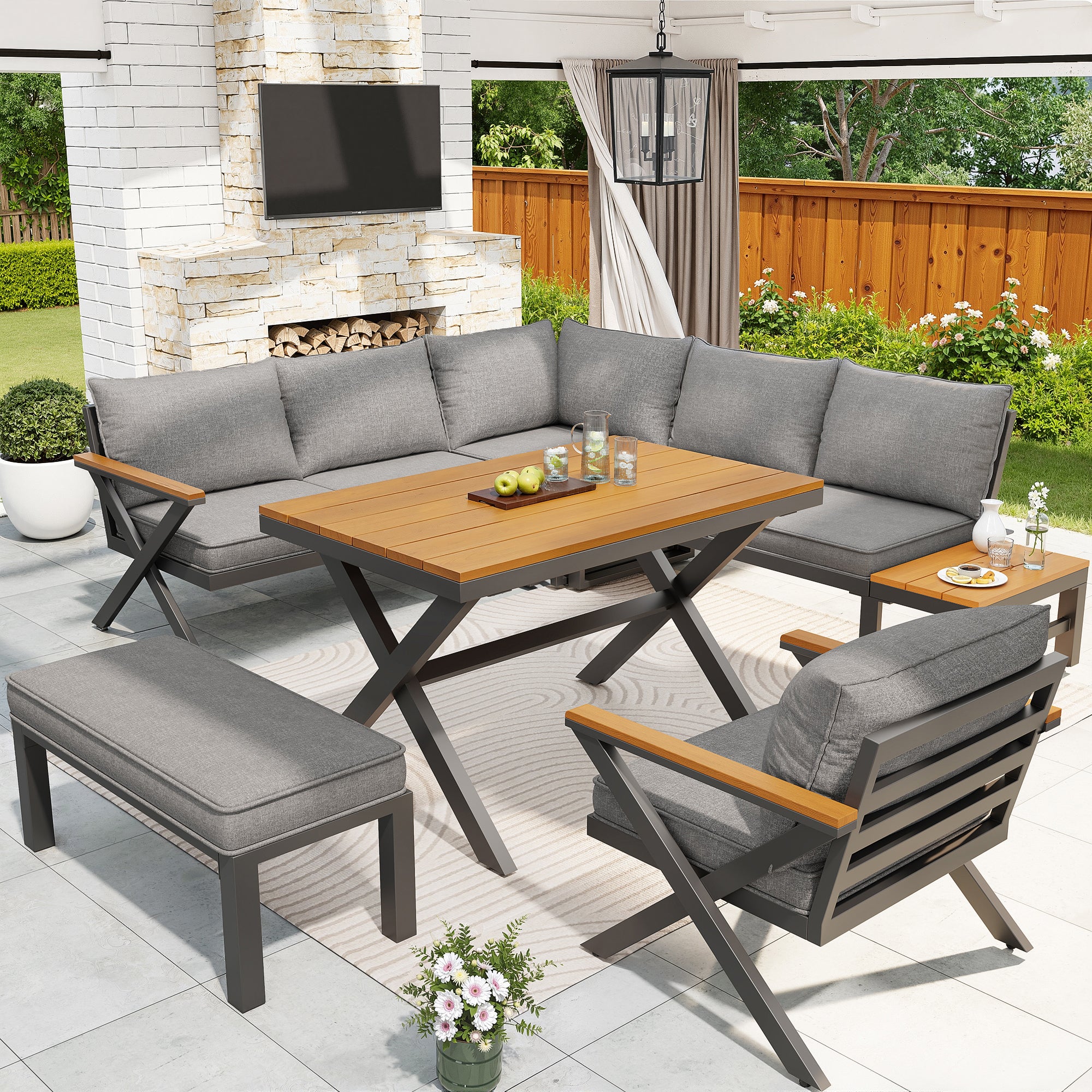 Outdoor Sofa Set with X-Shaped Metal Frame, 8cm Thick Cushions, Plastic Wood Armrests, for Patio & Garden