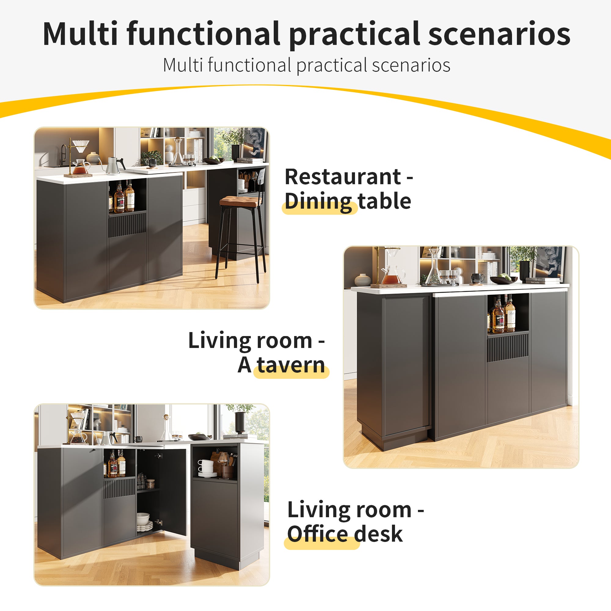 360° swivelling bar table (main body 198.5 x 30 x 75 cm), modern and sleek design, with open storage space and marble worktop, suitable for kitchen, living room and dining room, black