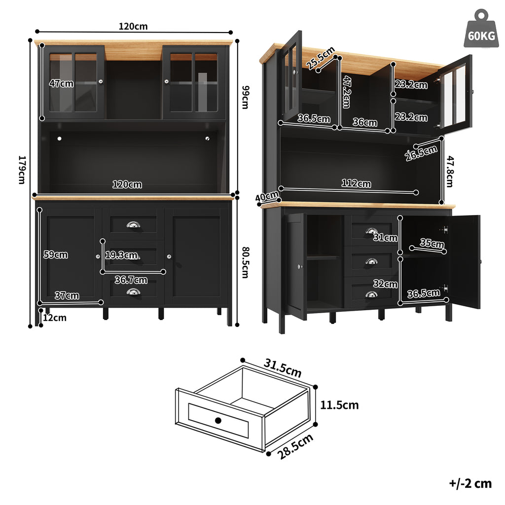 Sideboard, Storage Cabinet, Kitchen Cabinet, Tall Sideboard with LED Lighting, 120x40x179 cm, 4 Doors & 3 Drawers, White/Black