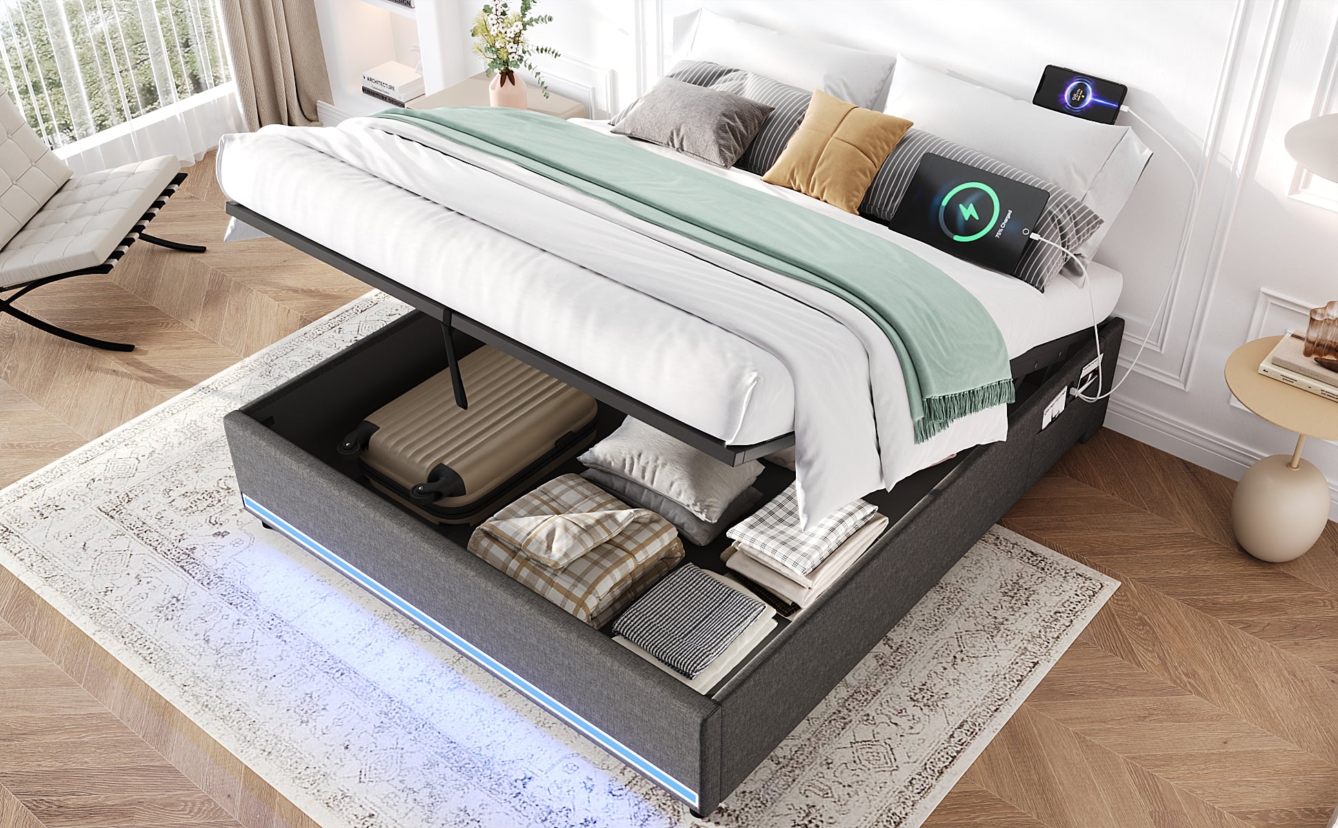 5ft King Hydraulic Storage Bed, No Headboard Linen Bed Frame with APP Control LED Lights, Side Charging Station, Side Pockets, Grey (No Mattress)