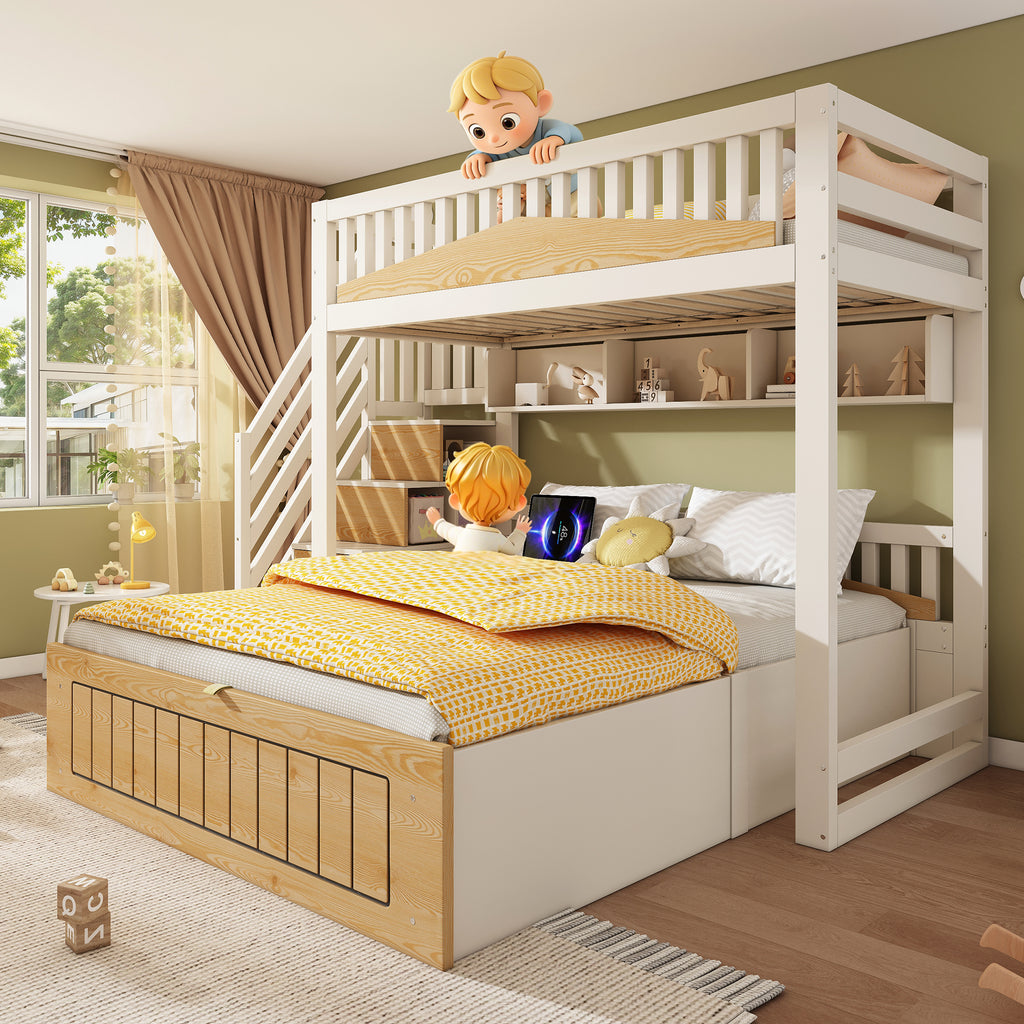 Offset Bunk Beds for Kids, Staircase Bunk with Hydraulic Storage & USB Charging, Children's Bed Double Bed for Family with Multiple Children, (90+135) x 190 cm, White & Natural