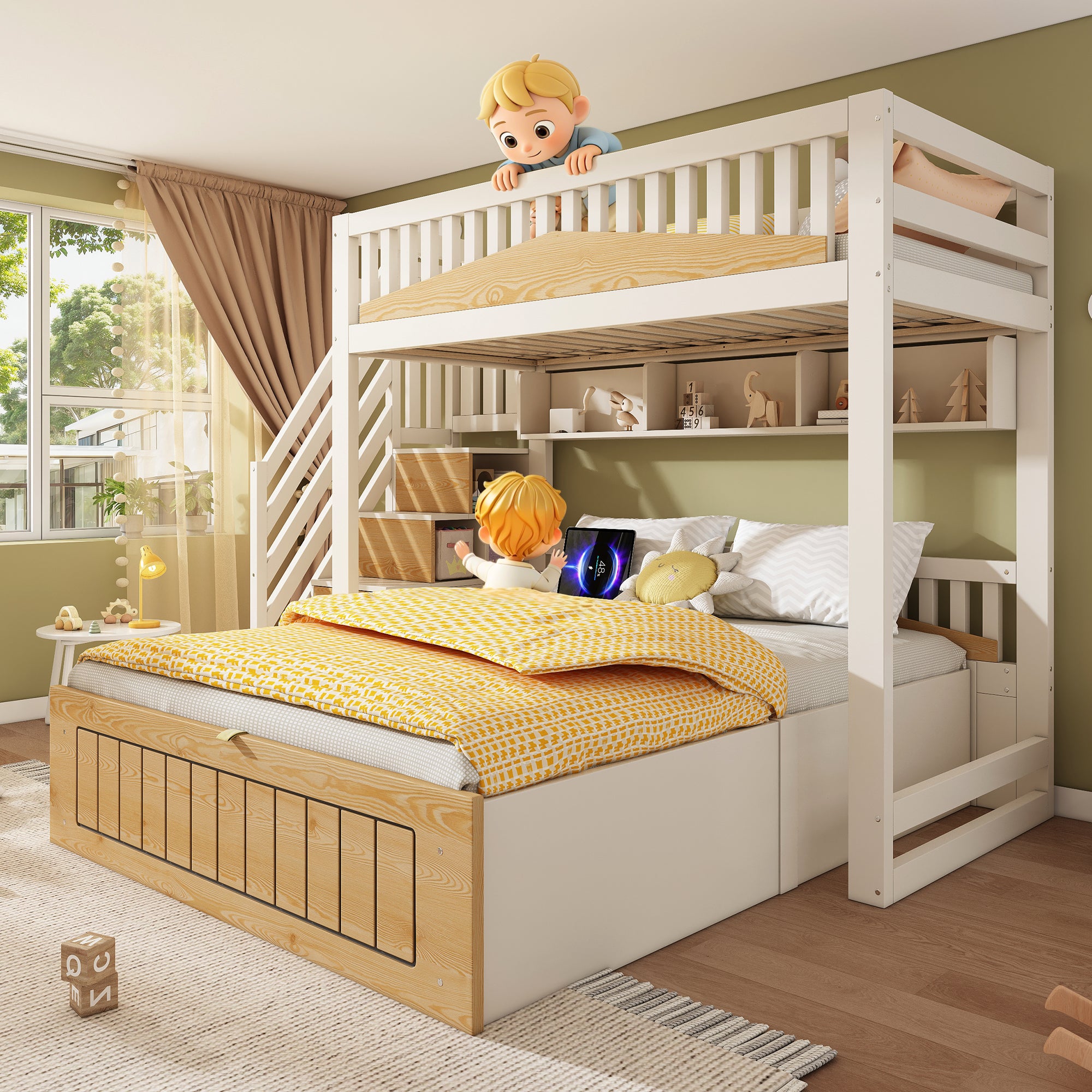 Offset Bunk Beds for Kids, Staircase Bunk with Hydraulic Storage & USB Charging, Children's Bed Double Bed for Family with Multiple Children, (90+135) x 190 cm, White & Natural
