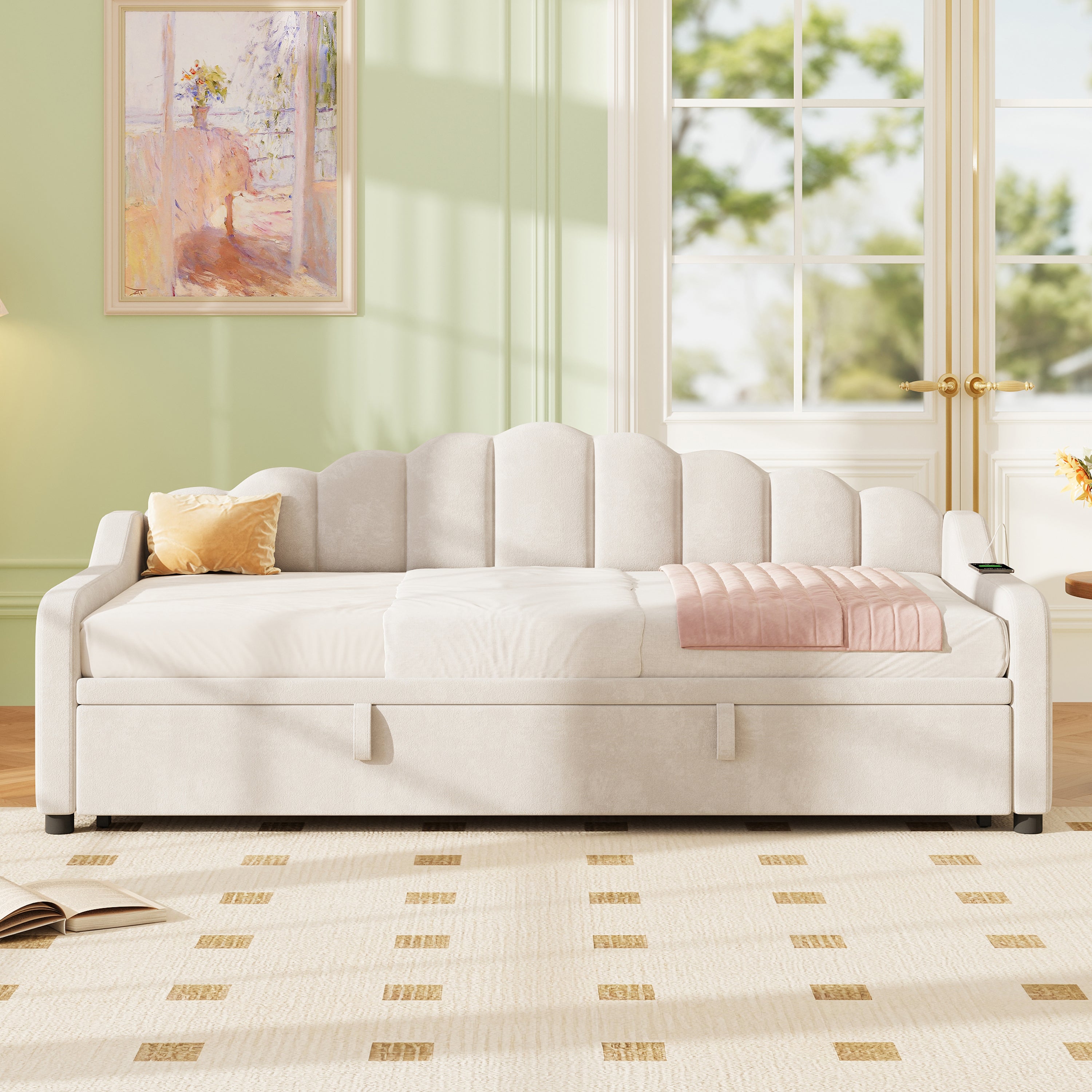 3ft Single Daybed with Pull-out Trundle, Velvet Upholstered Sofa Bed with Side Charging Station & Storage Pockets, Chic Fluted Scalloped Backrest, Beige (No Mattress)