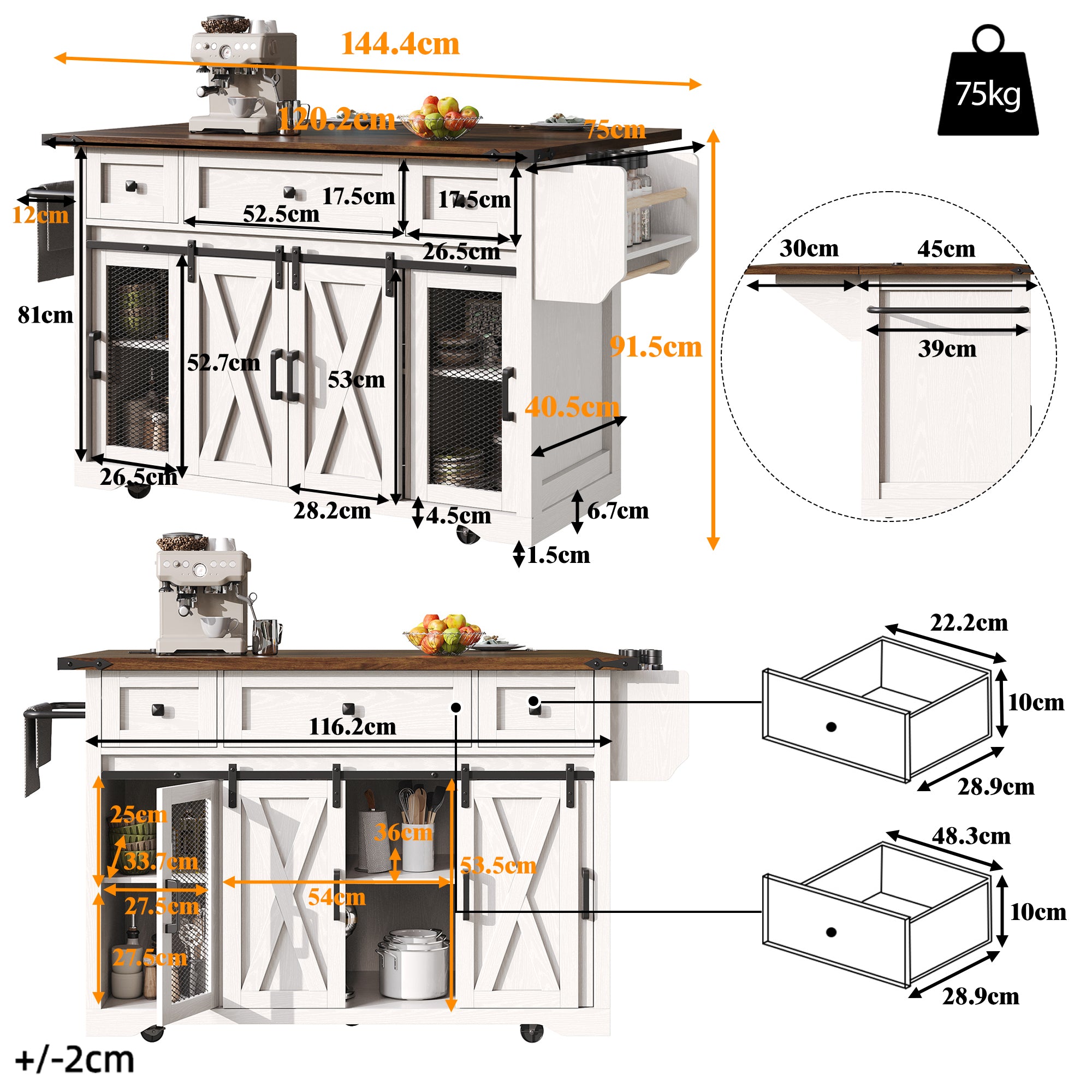 Kitchen island trolley with extendable worktop and power connection, 91cm working height, white/black, load capacity up to 75kg