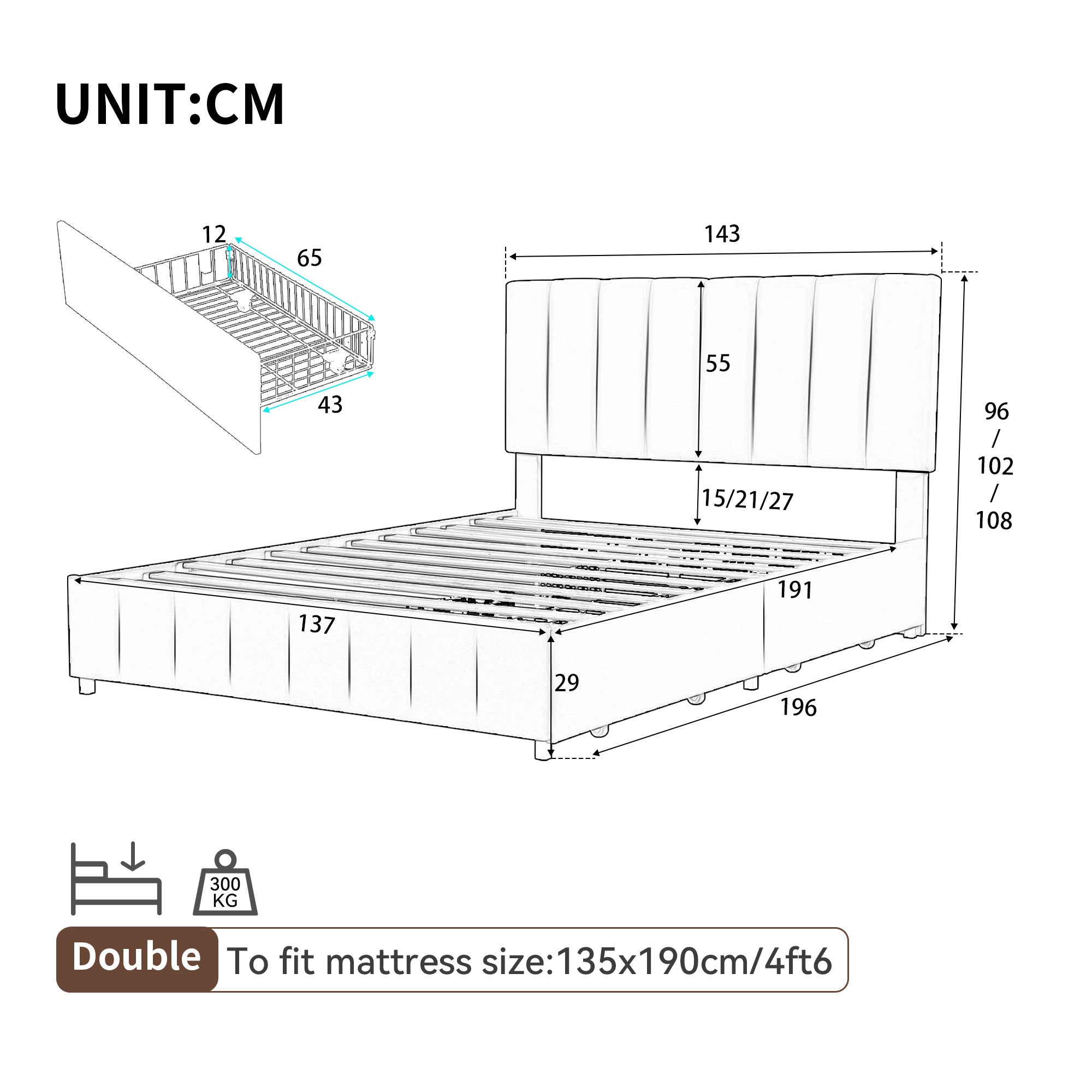 4ft6 Double Upholstered Bed with 4 Storage Drawers, Velvet Platform Bed Frame with Adjustable Channel Tufted Headboard, Metal-Wood Support, No Box Spring Needed, Easy Assembly, Grey (No Mattress)
