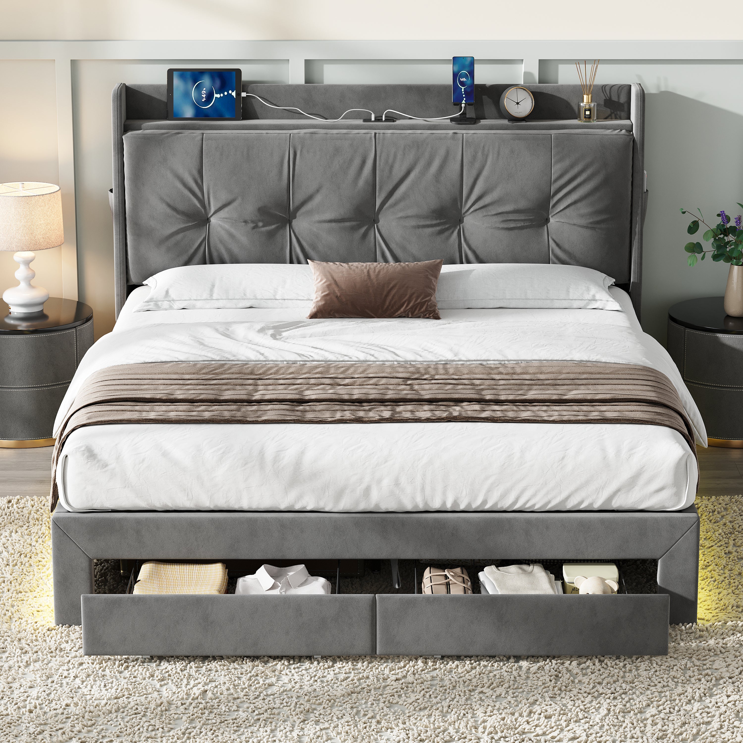 5ft King Upholstered Bed Frame with Hydraulic and Drawers Storage, Back Cushion Headboard with Charging Station,  Velvet Ottoman Hydraulic Bed with RGB LED Lighting, Grey (No Mattress)