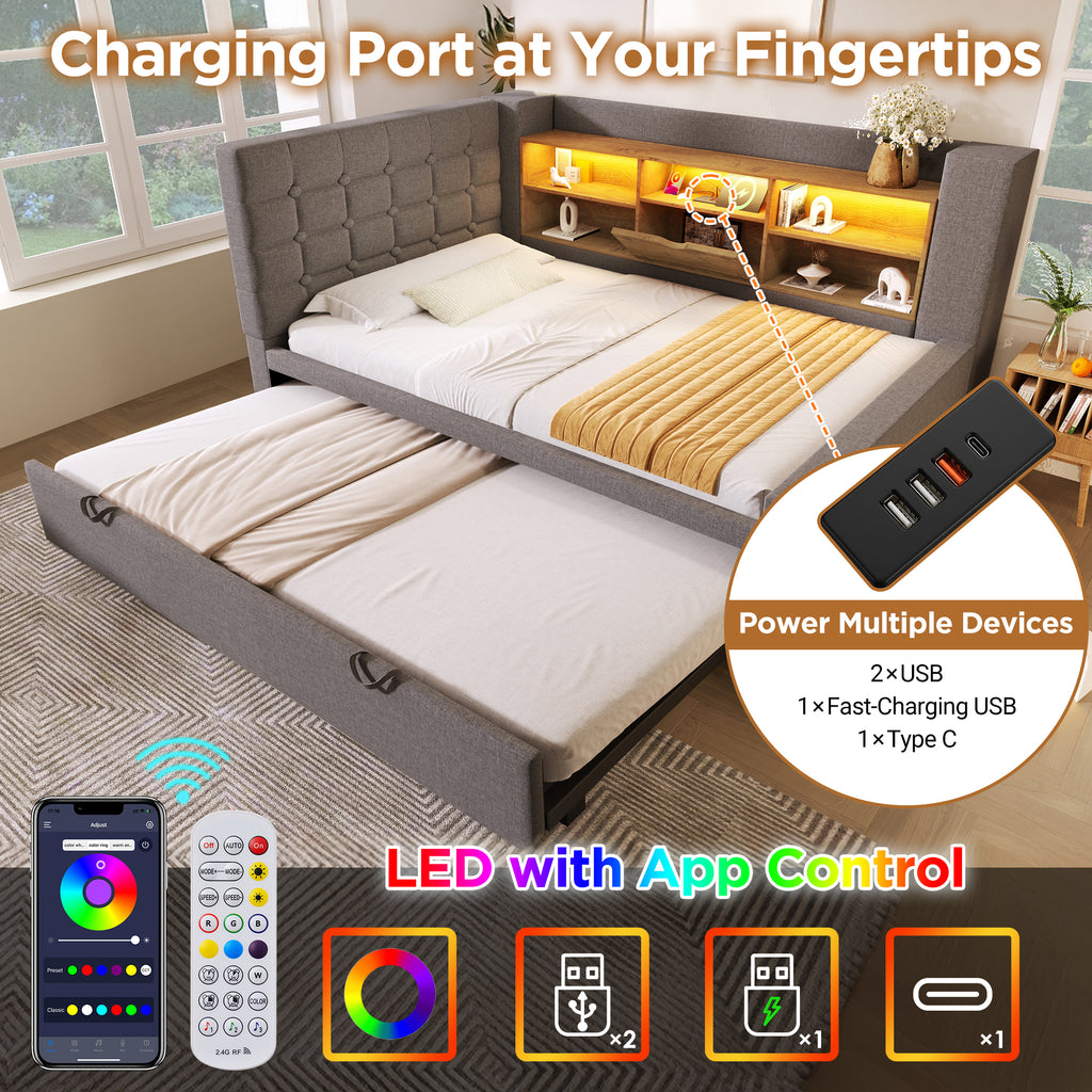 (=TT20572324G) Daybed Upholstered Bed 90 x 190 cm, 3FT Single Sofa Bed with Storage, USB &Type-C Charging Station, Pull out Trundle for Living Room and Bedroom, Linen, Grey (No Mattress)