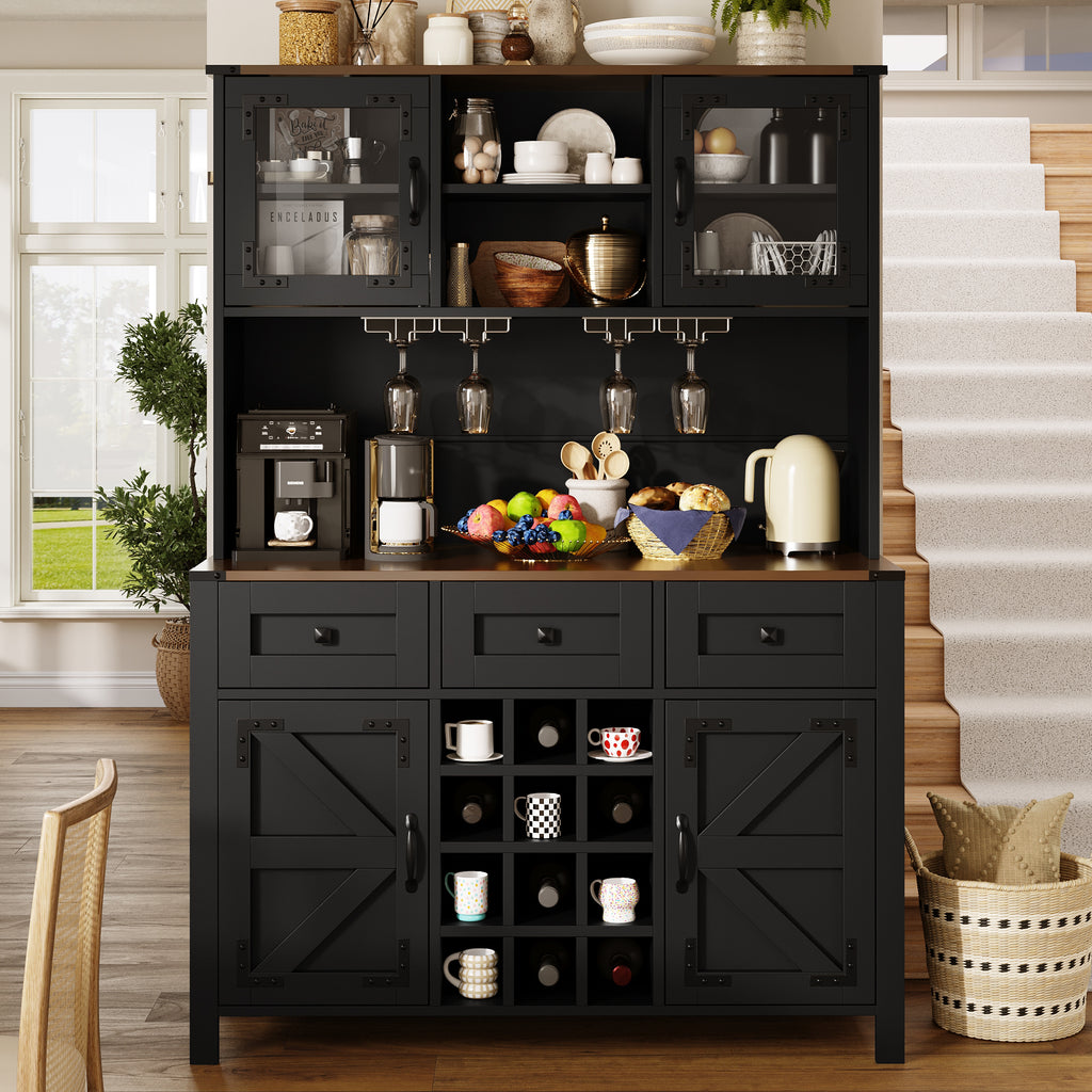 Tall Kitchen Cabinet with 4 Doors & 3 Drawers, USB Ports & Power Outlets, LED Light Strip, Modern Storage Sideboard, Side Cabinet for Kitchen & Living Room, 120 x 40 x 170 cm, Black
