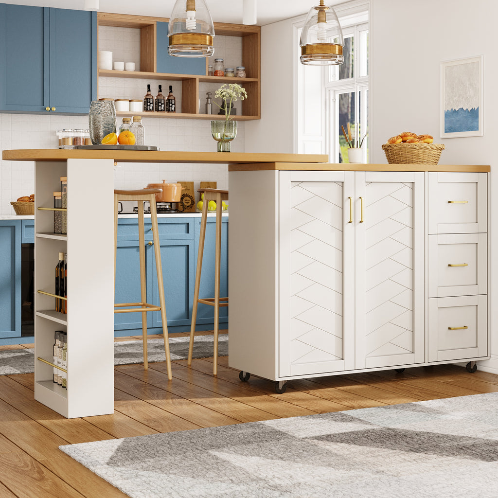 Extendable Bar Cart with 2 Doors & 3 Drawers (135-228 x 39 x 104 cm), Rollable, Home Bar in White, Worktop in Wood Look