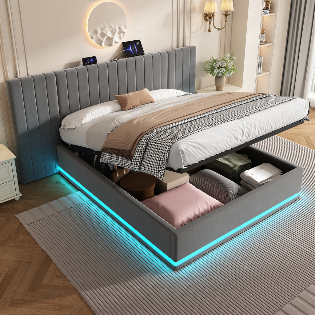 King Ottoman Bed with LED Lighting, Velvet Hydraulic Storage Bed with Charging Station, 5ft King Bed Frame Channel Tufted with Wide Headboard, USB and Type - C Ports, Grey (No Mattress)