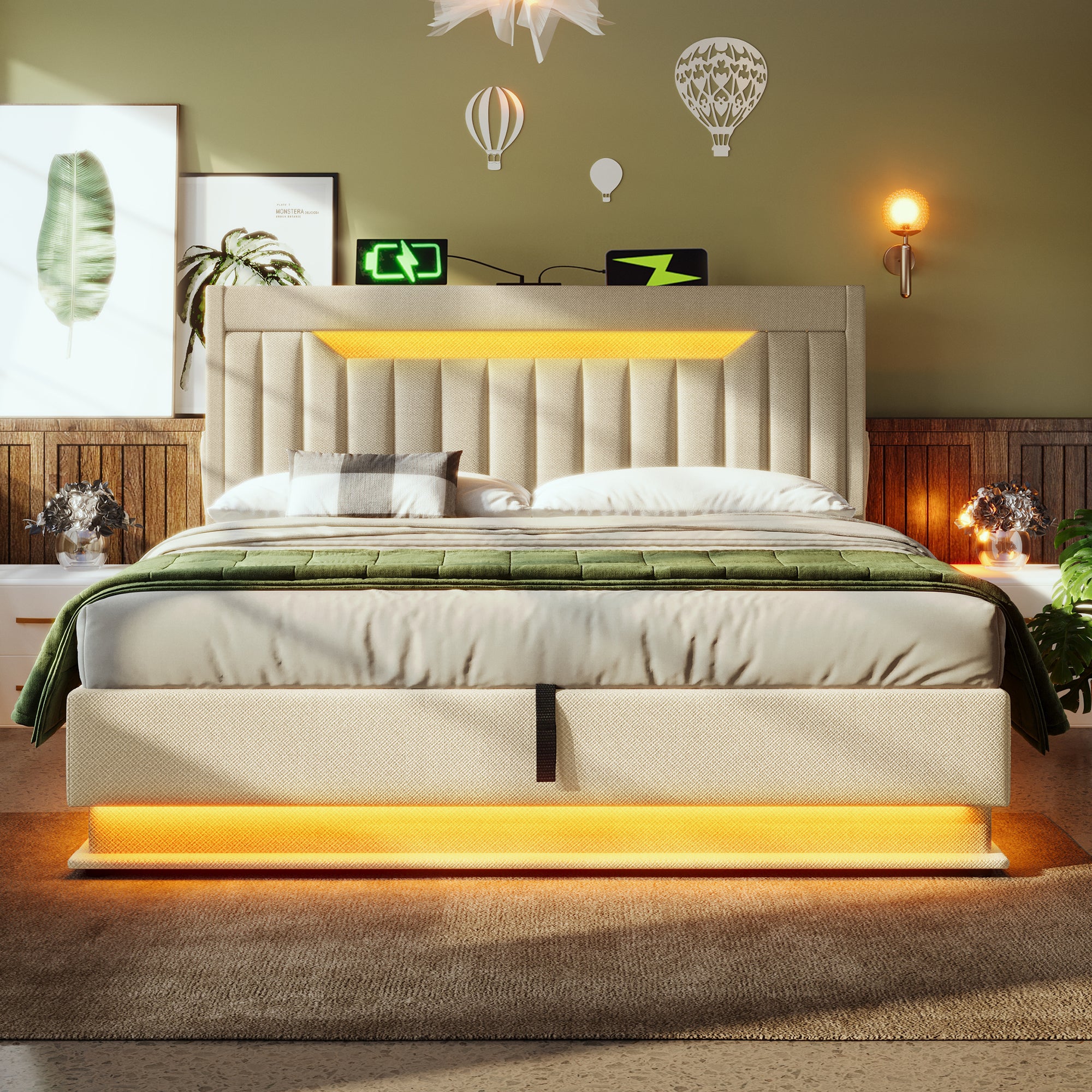 Upholstered Bed 180 x 200 cm with LED Lighting, USB Type-C Charging, Storage Headboard for Cellphones and Tablets, 6ft Hydraulic Storage Bed with Metal Slatted Frame, Linen, Beige (No Mattress)