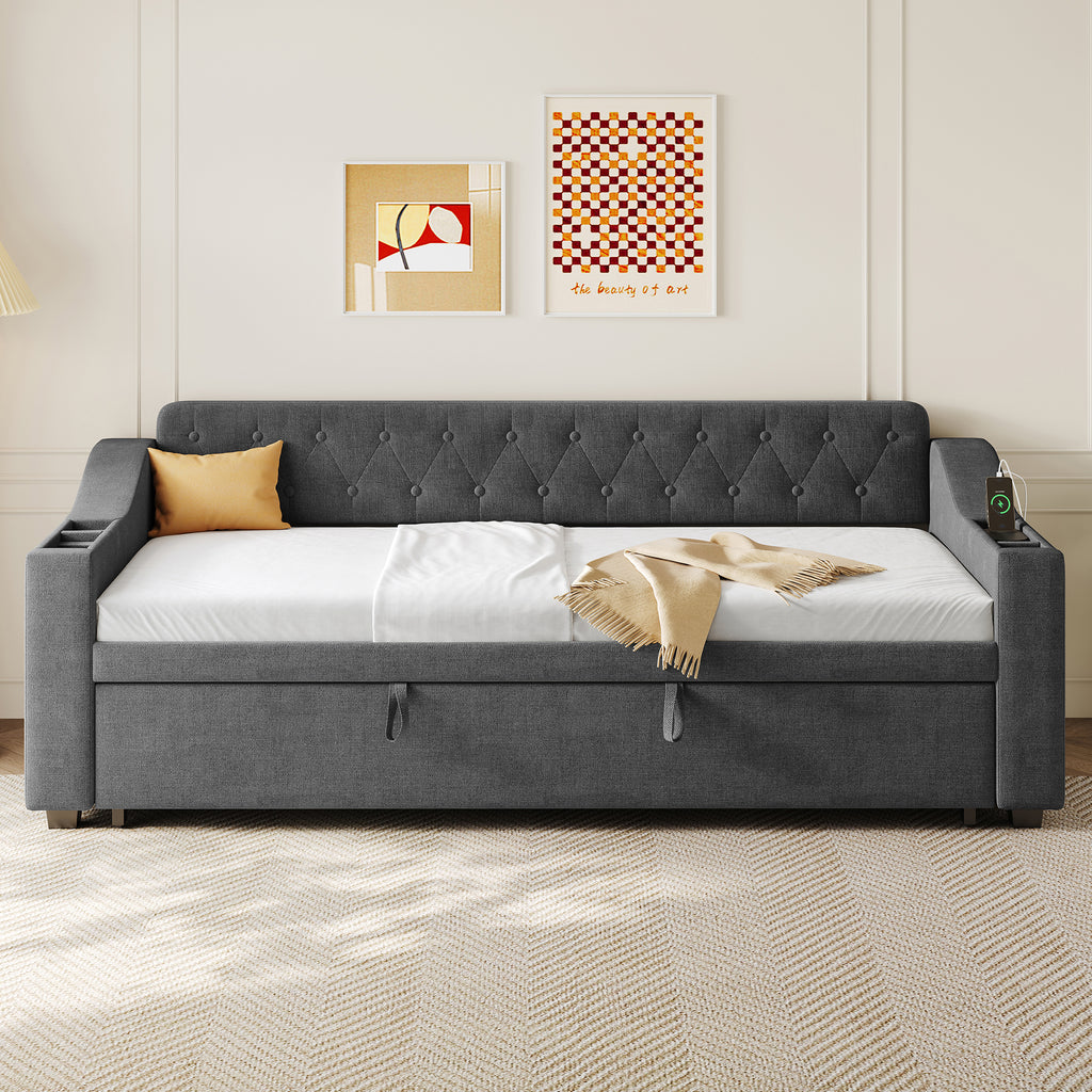 Upholstered Bed 90x190cm, Daybed, Sofa Bed with Charging Station, 3ft Single Linen Daybed with Armrest Storage. Pull out Trundle Bed for Living Room/ Bedroom/ Study Room, Grey (No Mattress)