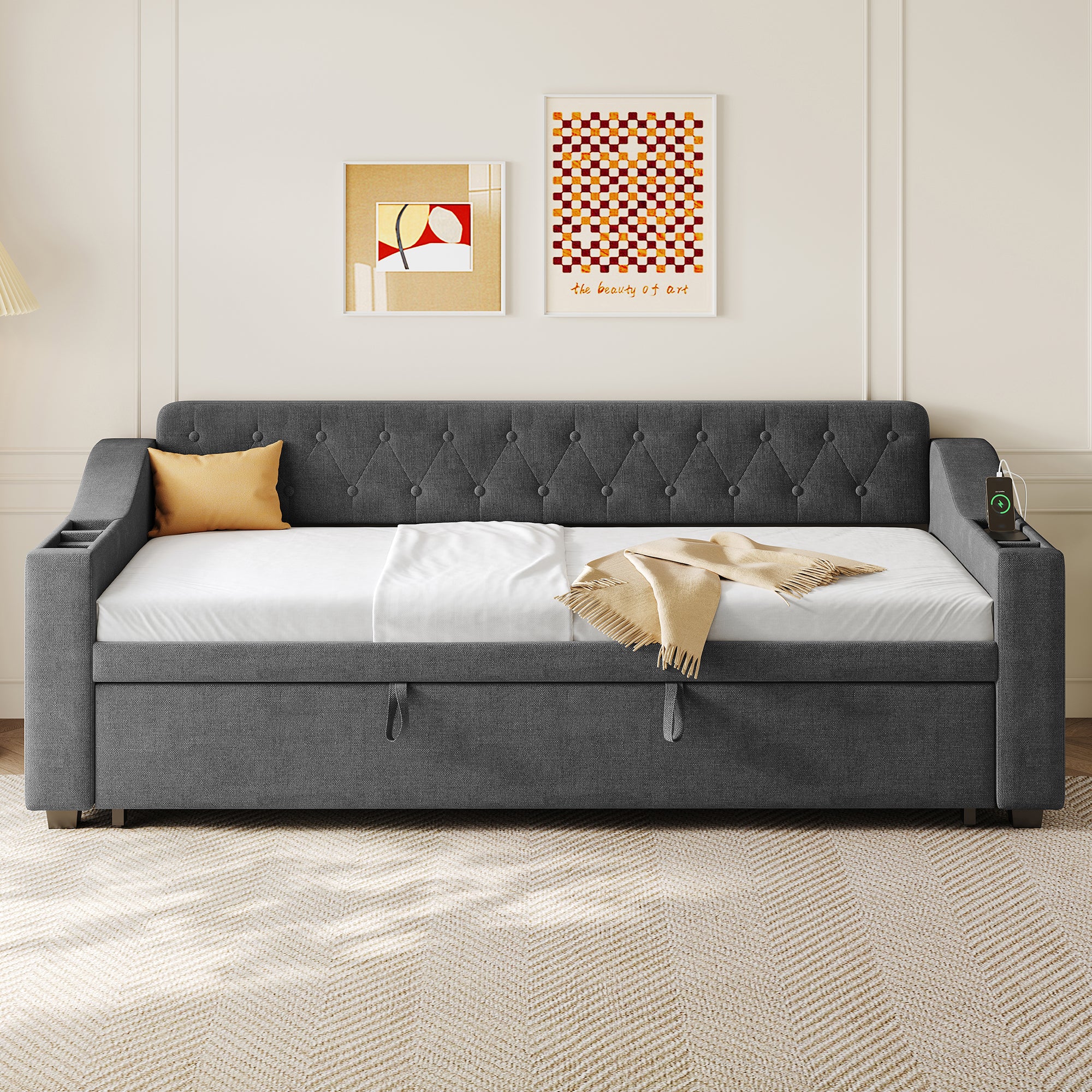 Upholstered Bed 90x190cm, Daybed, Sofa Bed with Charging Station, 3ft Single Linen Daybed with Armrest Storage. Pull out Trundle Bed for Living Room/ Bedroom/ Study Room, Grey (No Mattress)