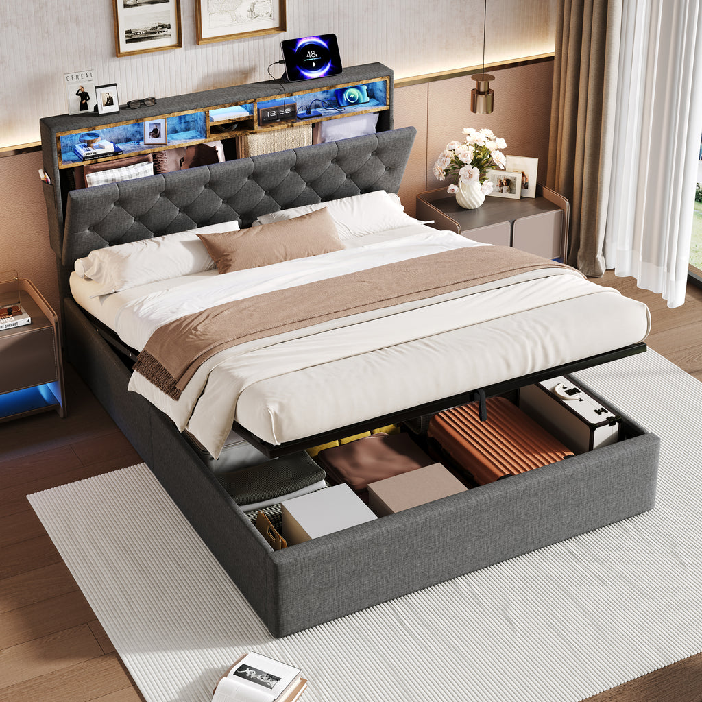 5ft King Upholstered Hydraulic Bed with Concealed Headboard Storage, Button Tufted Headboard with RGB LED Lighting and Charging Station, USB and Type - C Ports, Linen, Grey (No Mattress)