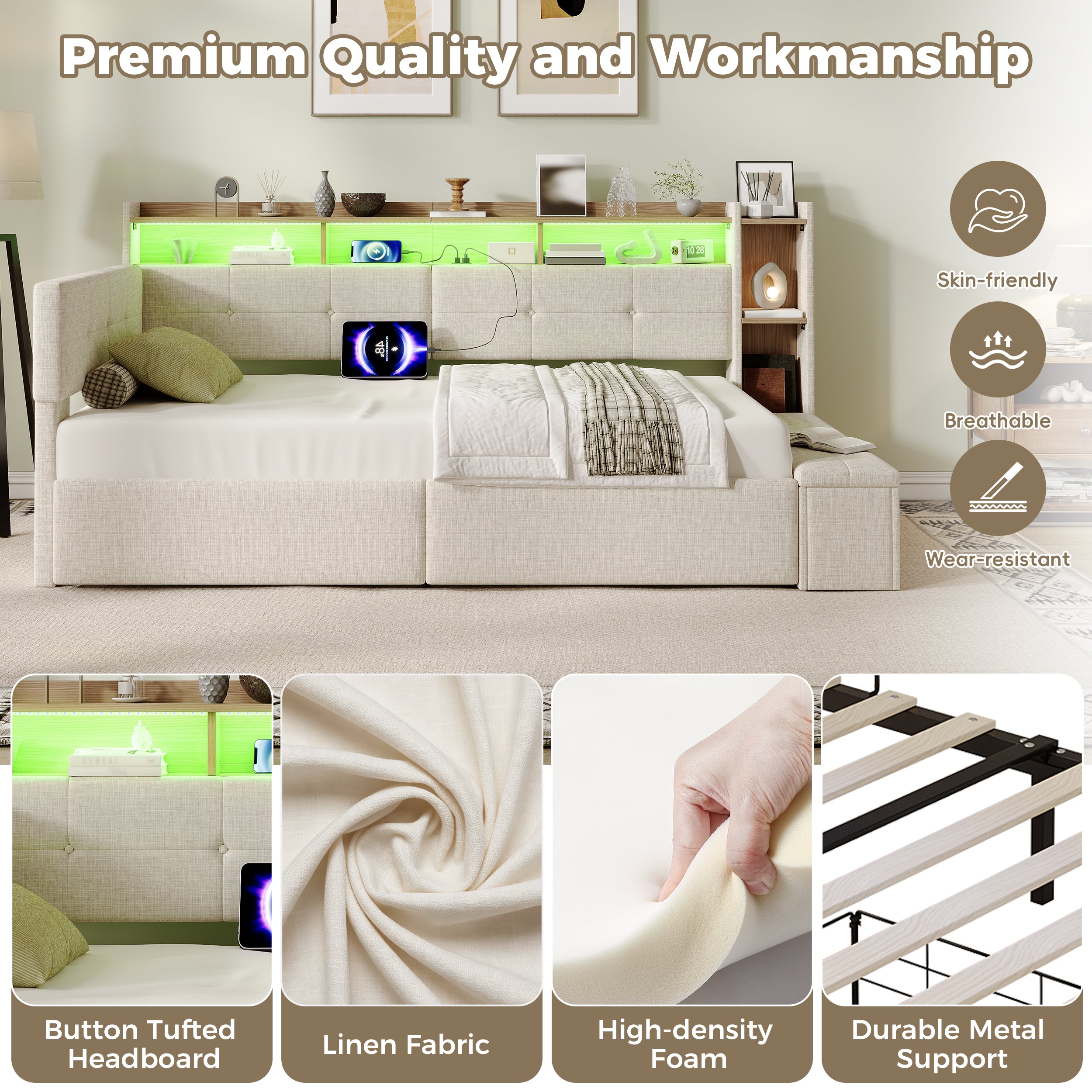 3ft Single LED Daybed with Storage Drawers and Bed End Ottoman Storage, Modern Linen Sofa Bed with Charging Station for Living Room/ Bedroom/ Study Room, 90X190cm, Beige (No Mattress)