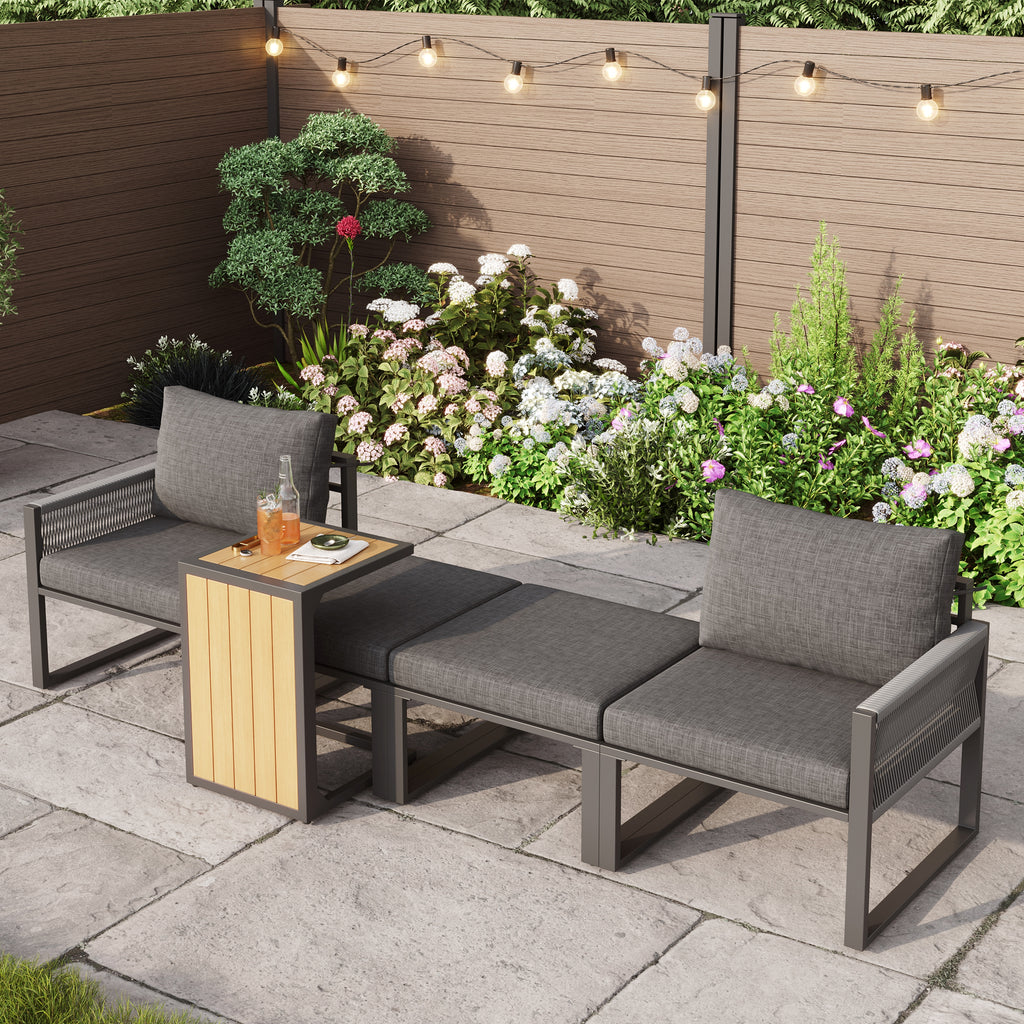 2-4 Seater Modular Garden Furniture Set with Plastic Wood Table, Flexible Corner Sofa with Polyester Rope and Waterproof Linen Fabric, Weatherproof Outdoor Patio Lounge Set, Grey