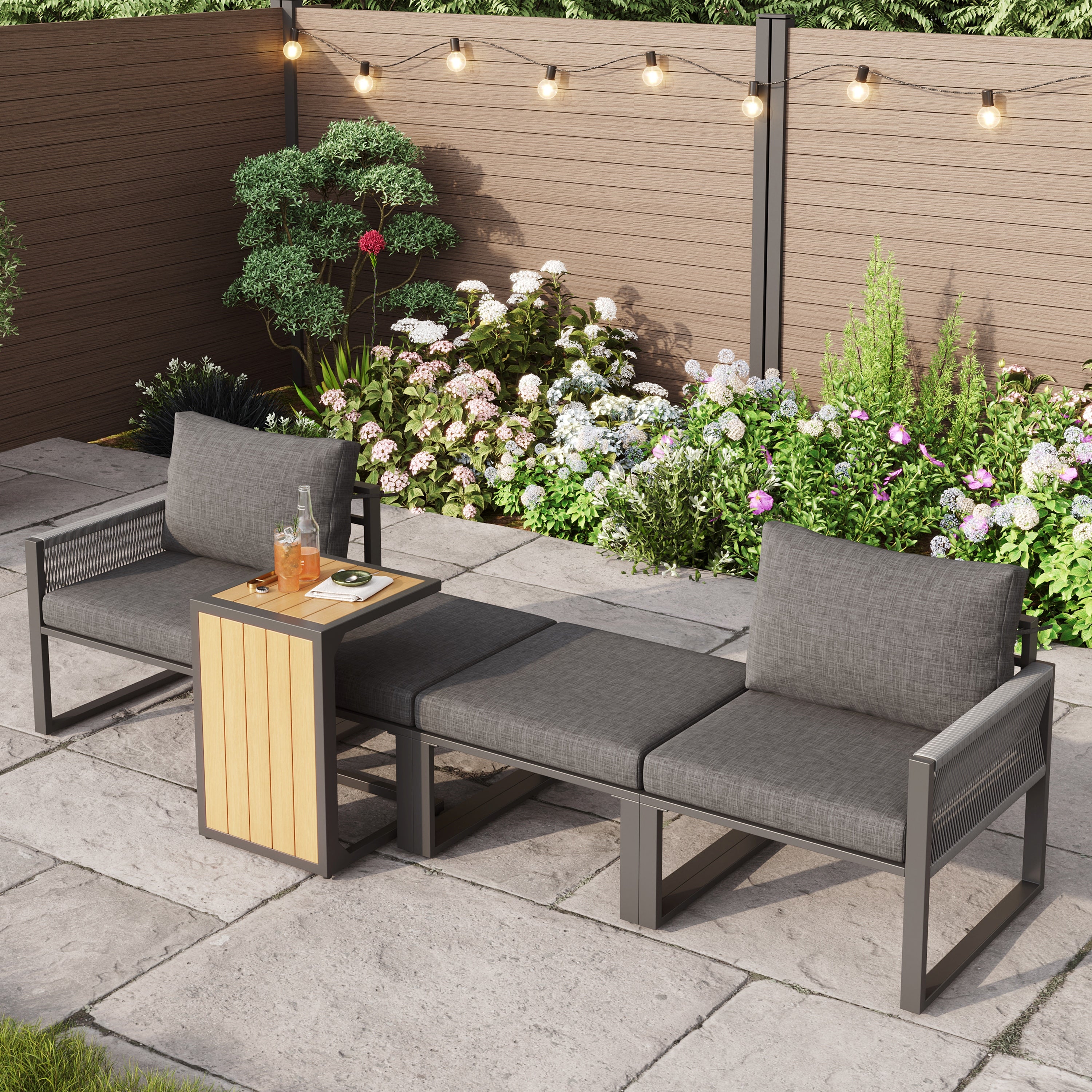 2-4 Seater Modular Garden Furniture Set with Plastic Wood Table, Flexible Corner Sofa with Polyester Rope and Waterproof Linen Fabric, Weatherproof Outdoor Patio Lounge Set, Grey
