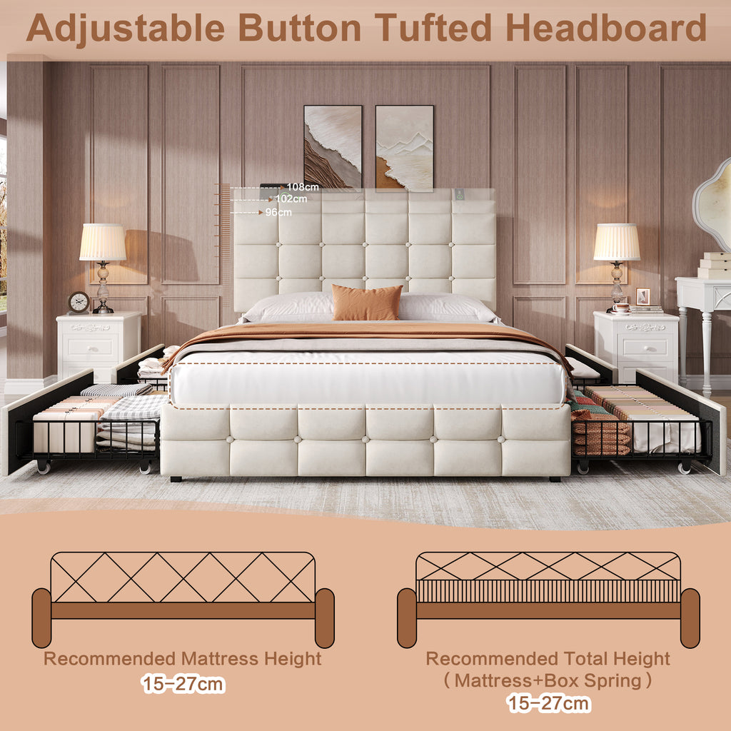 4ft6 Double Upholstered Bed with 4 Storage Drawers, Velvet Bed Frame with Charging Station. Adjustable Button Tufted Headboard with USB and Type - C Ports, No Box Spring Needed, Beige (No Mattress)