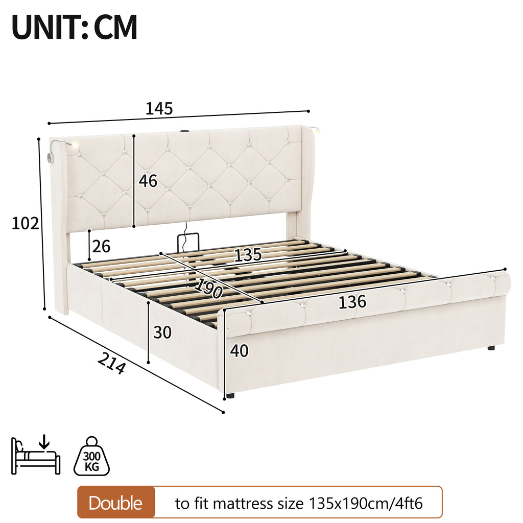4ft6 Double Upholstered Bed Frame with Hydraulic Storage,  Diamond Tufted Headboard with Charging Station and Reading Light, USB and Type - C Ports, Velvet, Beige (No Mattress)