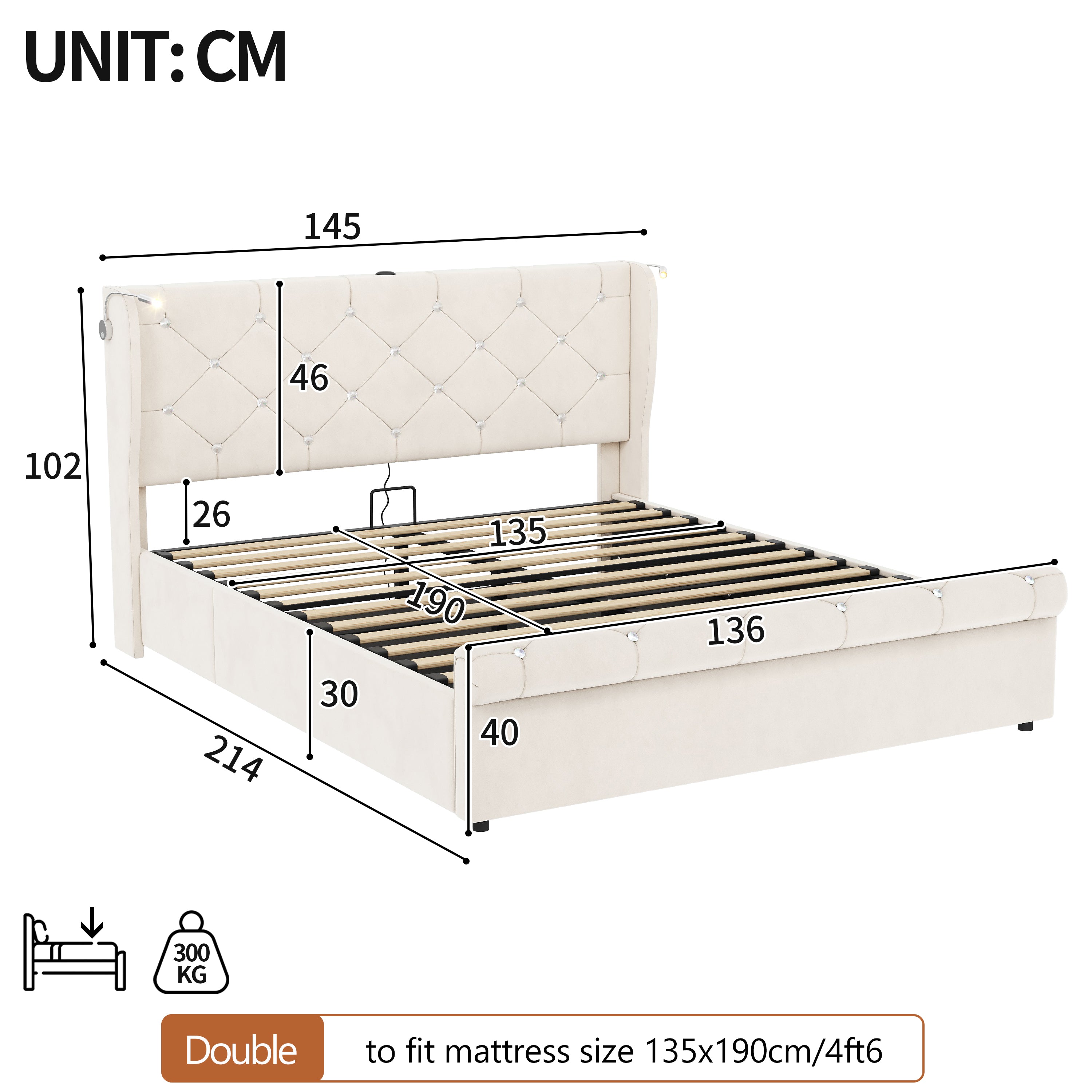 4ft6 Double Upholstered Bed Frame with Hydraulic Storage,  Diamond Tufted Headboard with Charging Station and Reading Light, USB and Type - C Ports, Velvet, Beige (No Mattress)