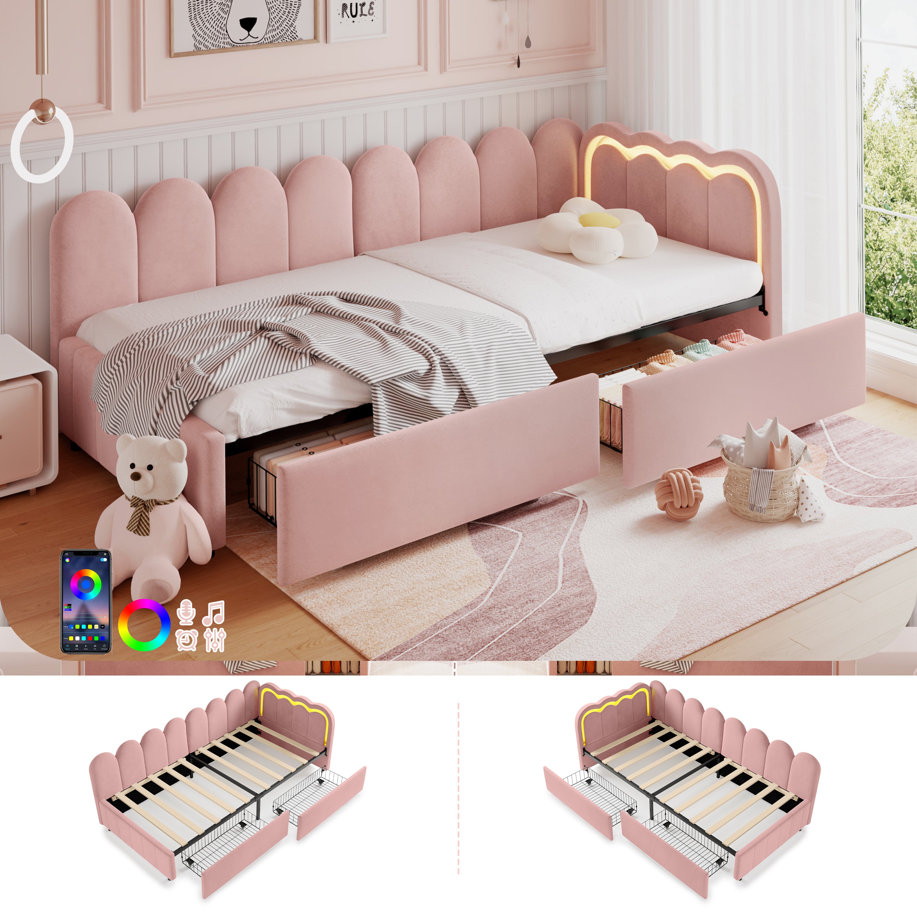 3ft Single Daybed with Smart RGB LED Lights and 2 Storage Drawers, Modern Velvet Youth Bed with Scalloped Backrest and Wooden Slats, Reversible Side Panel, Easy Assembly, Pink (No Mattress)
