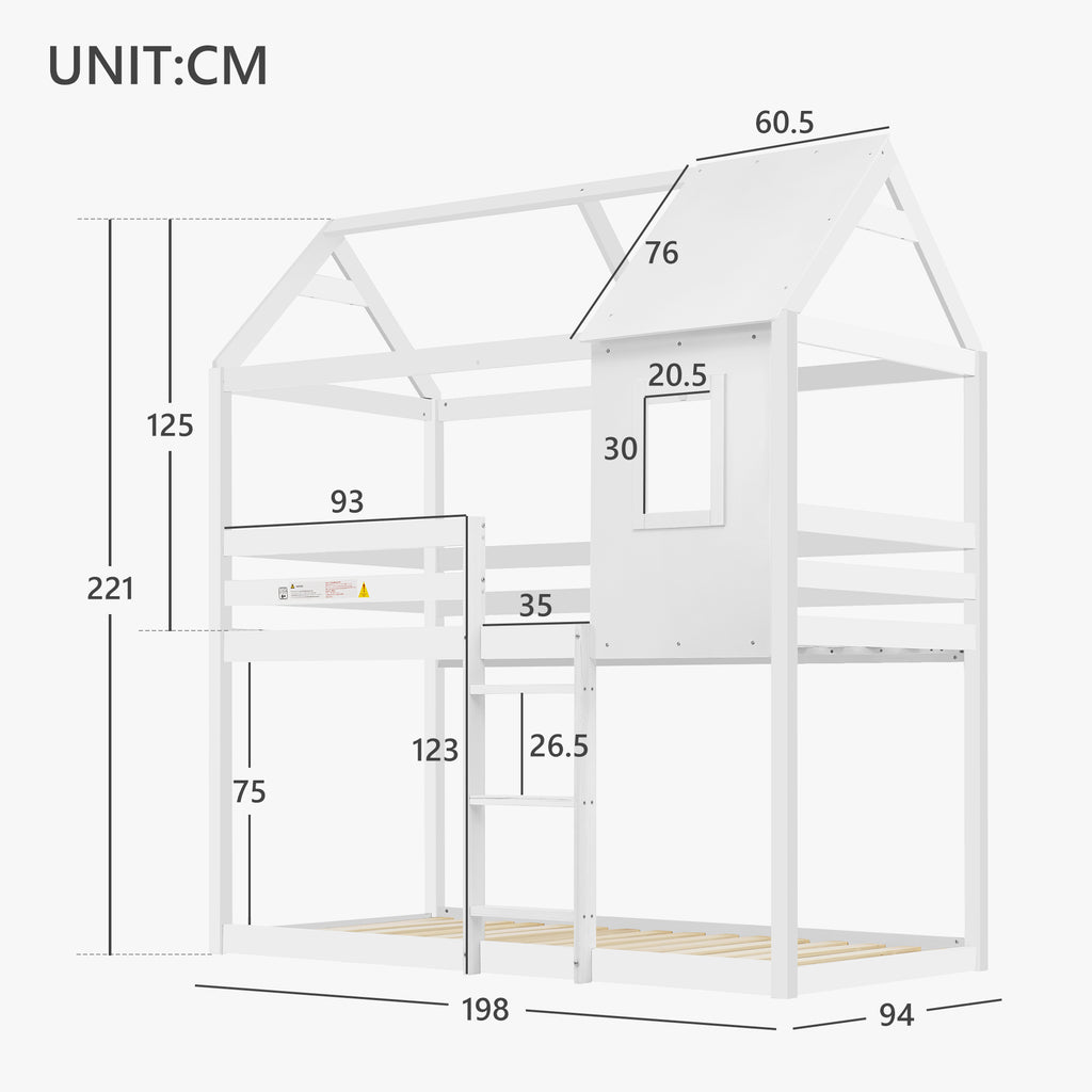 [NEW] Bunk Bed, Children Cabin Bed, Single Bed for Kids, Twin Sleeper, Solid Pine Wood,3FT -White