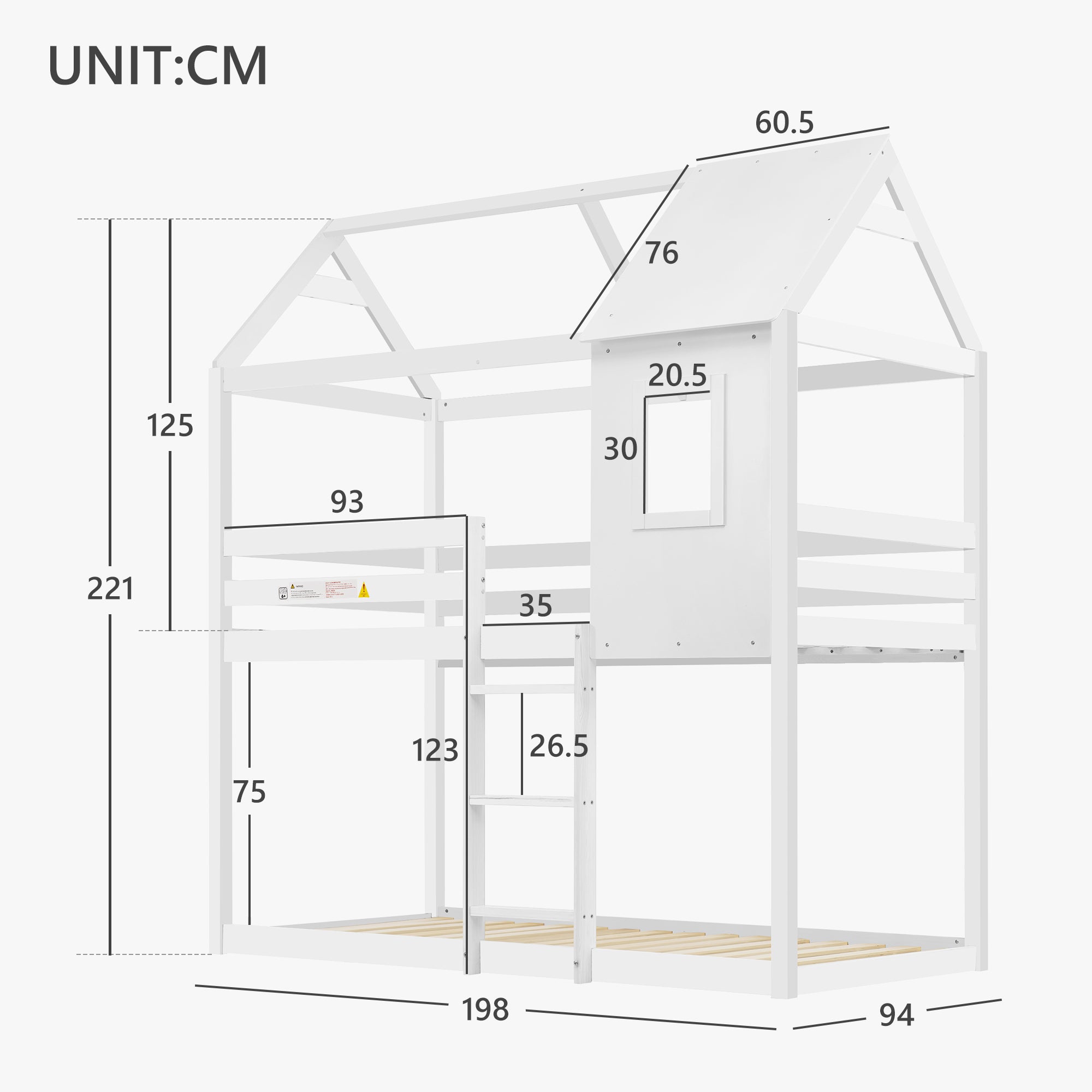 [NEW] Bunk Bed, Children Cabin Bed, Single Bed for Kids, Twin Sleeper, Solid Pine Wood,3FT -White