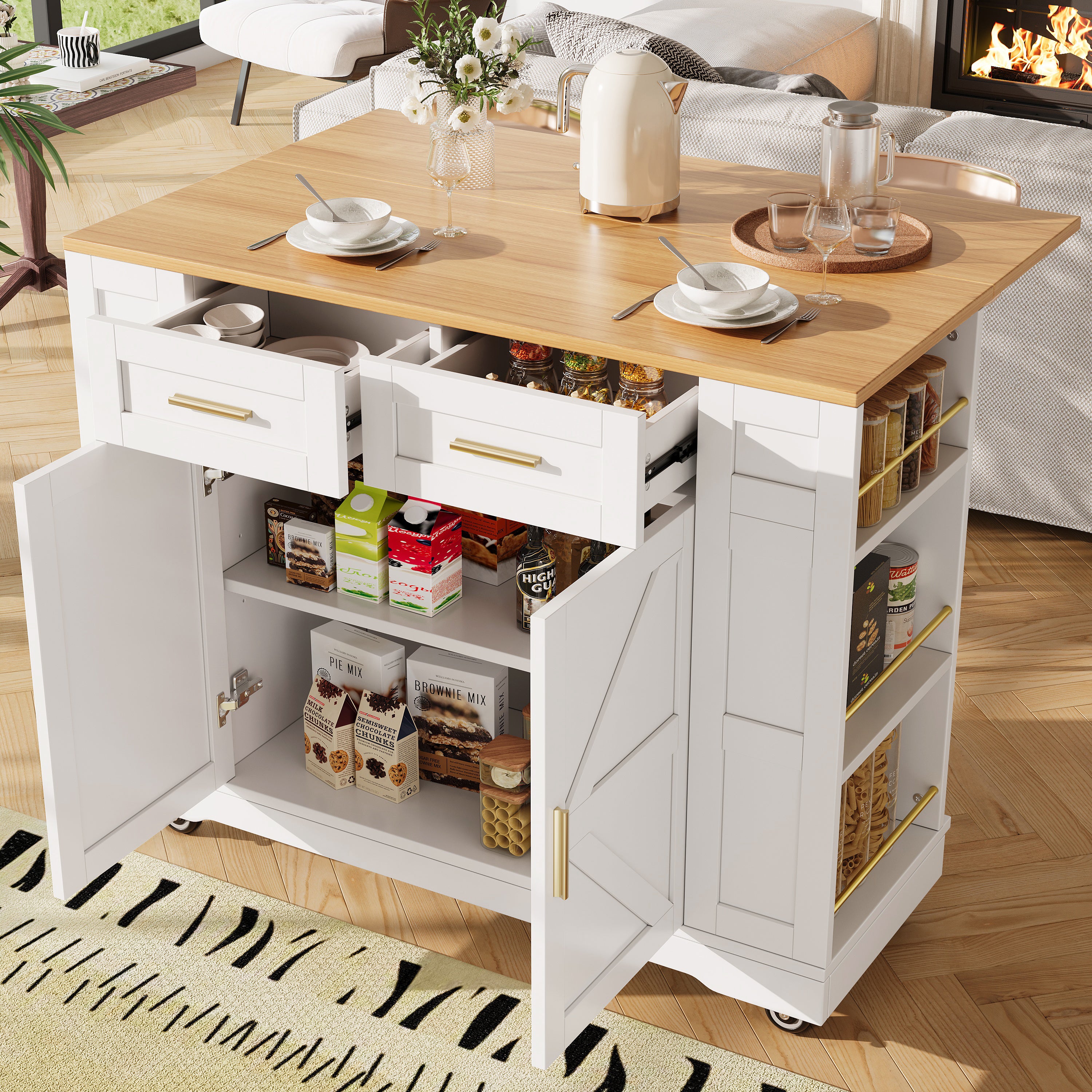 Kitchen Island on Wheels, Rolling Island Cart with 2 Drawers and Double-Sided Storage Racks, Storage Cabinet with Foldable Worktop, Mobile Carts, Portable Trolley for Home and Kitchen, White