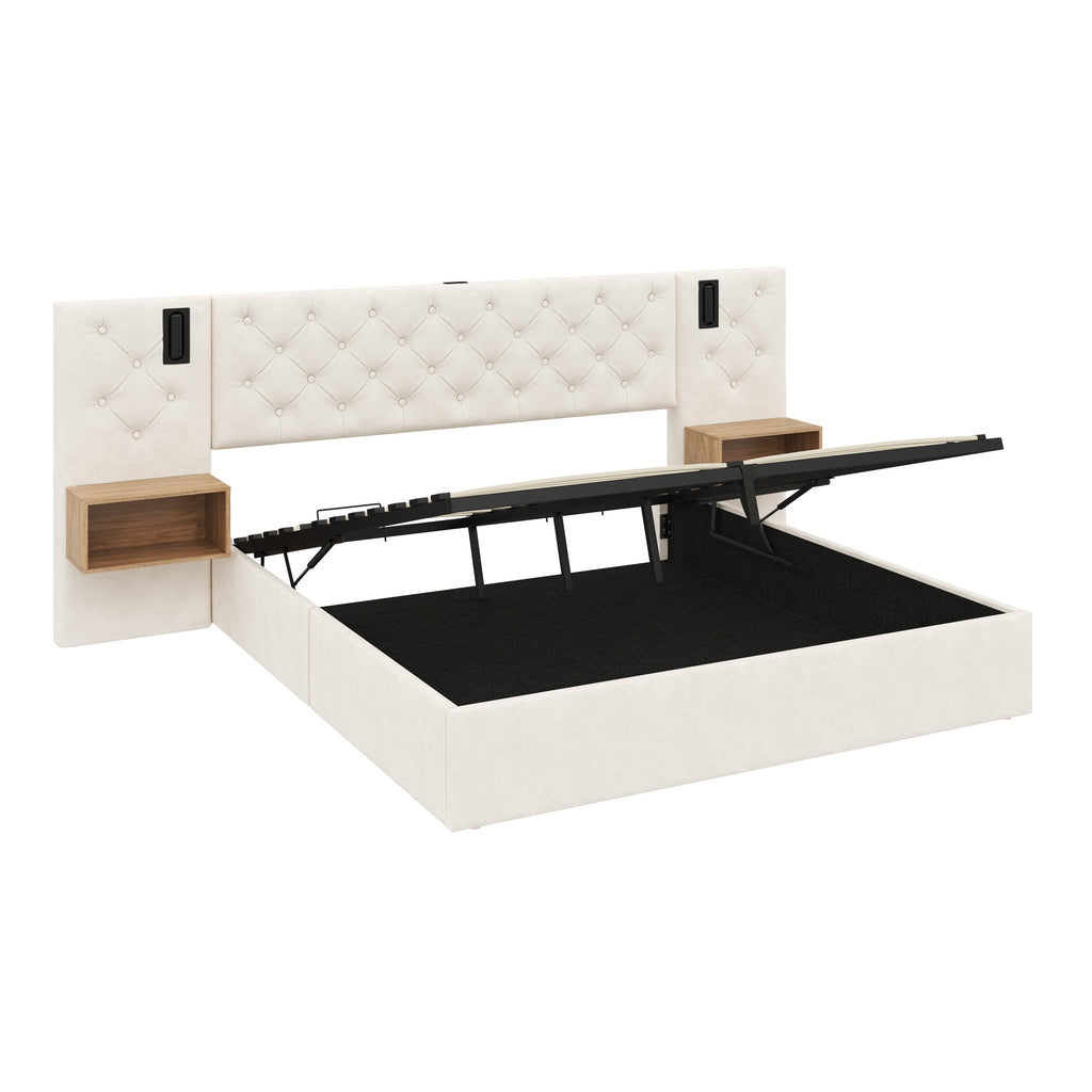 Beige Wide Headboard Upholstered Bed with charging station & Bedside Storage, package 1