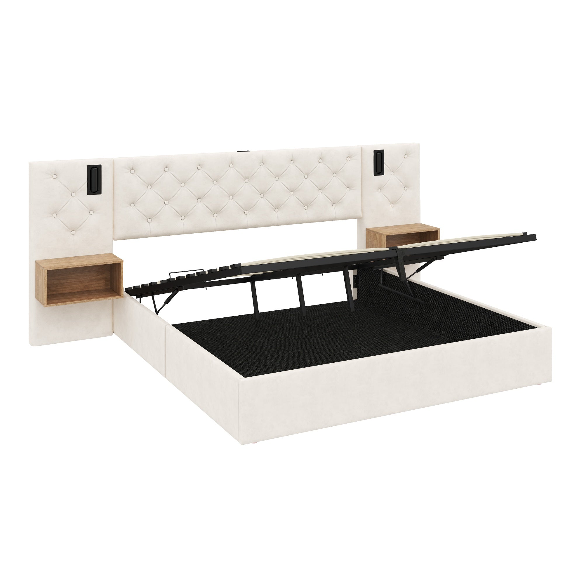 Beige Wide Headboard Upholstered Bed with charging station & Bedside Storage, package 1