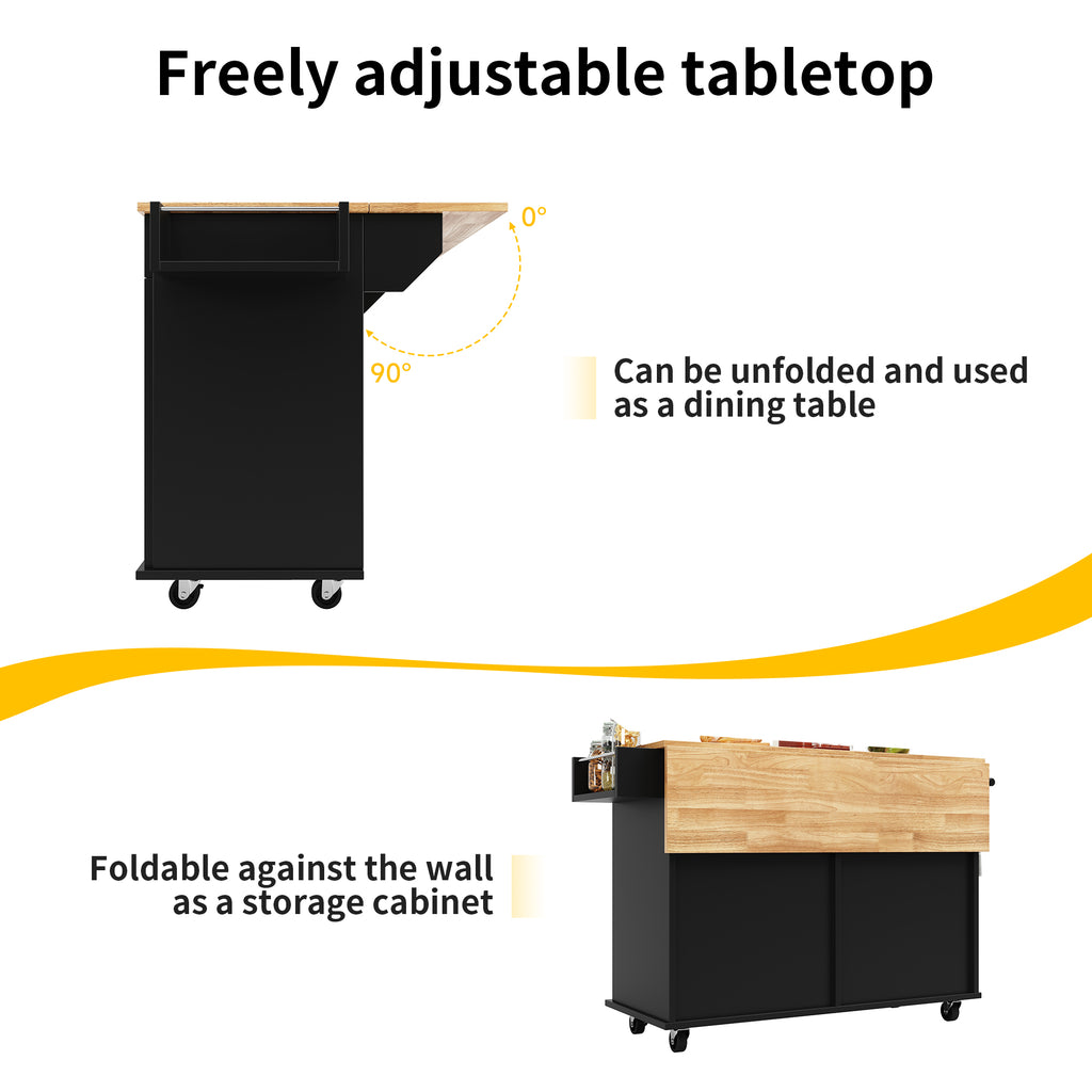 Rolling Kitchen Island Storage Trolley with Large Cabinet, 2 Drawers, Adjustable Shelf, Spice&Towel Rack, Sideboard Cupboard Cabinet Cart, Dining Room Organiser, Black