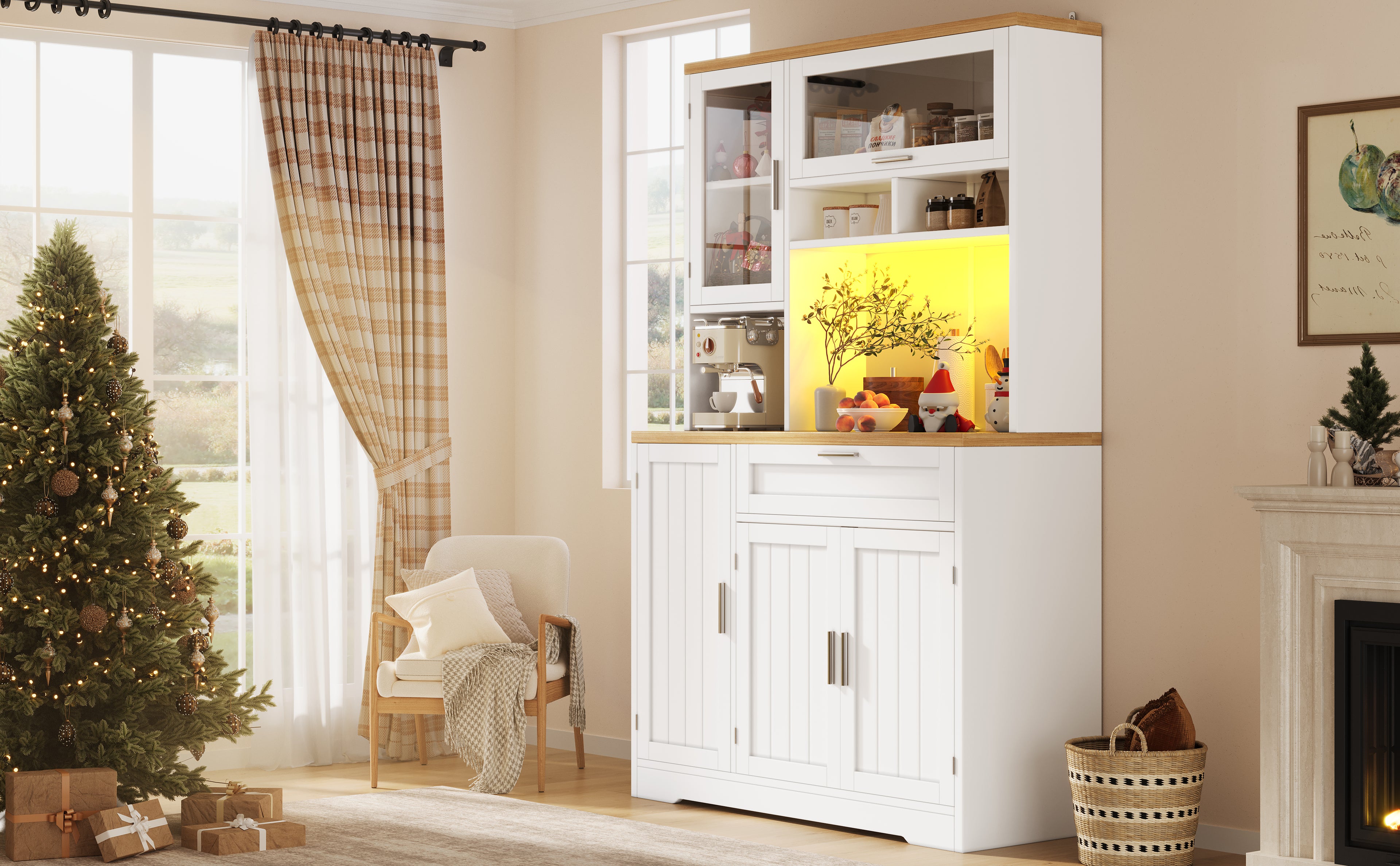 Tall Display Cabinet with LED Lighting - 104x40x180 cm Kitchen & Living Room Storage, White/Black