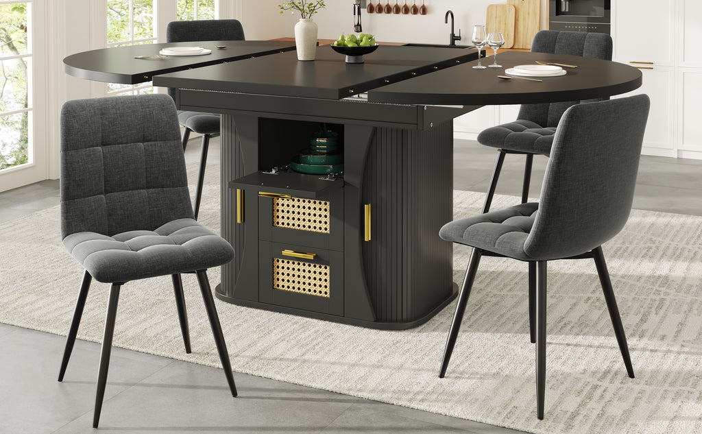 Extendable dining table with storage, 118–158cm table with rattan drawers, MDF wood look, black / natural wood / oak look