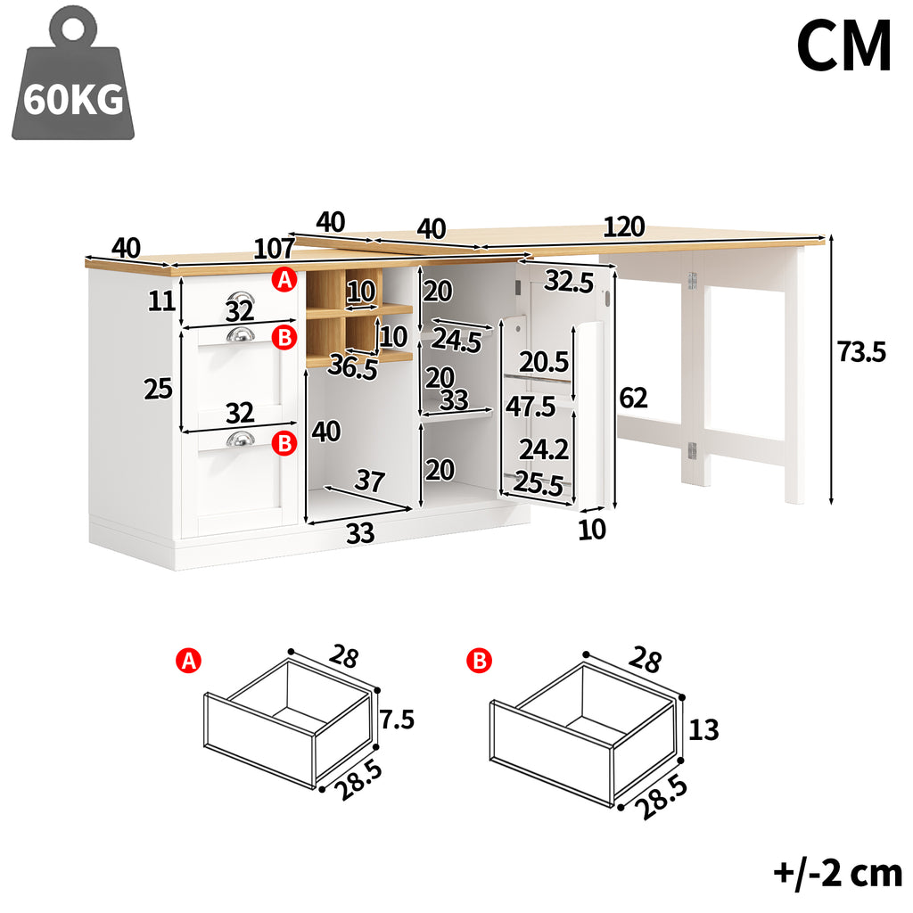 Extendable Sideboard & Dining Table Combo, 3 Drawers & Snack rack & Wine rack, Space-Saving Sideboard for Small Flats, White/Black