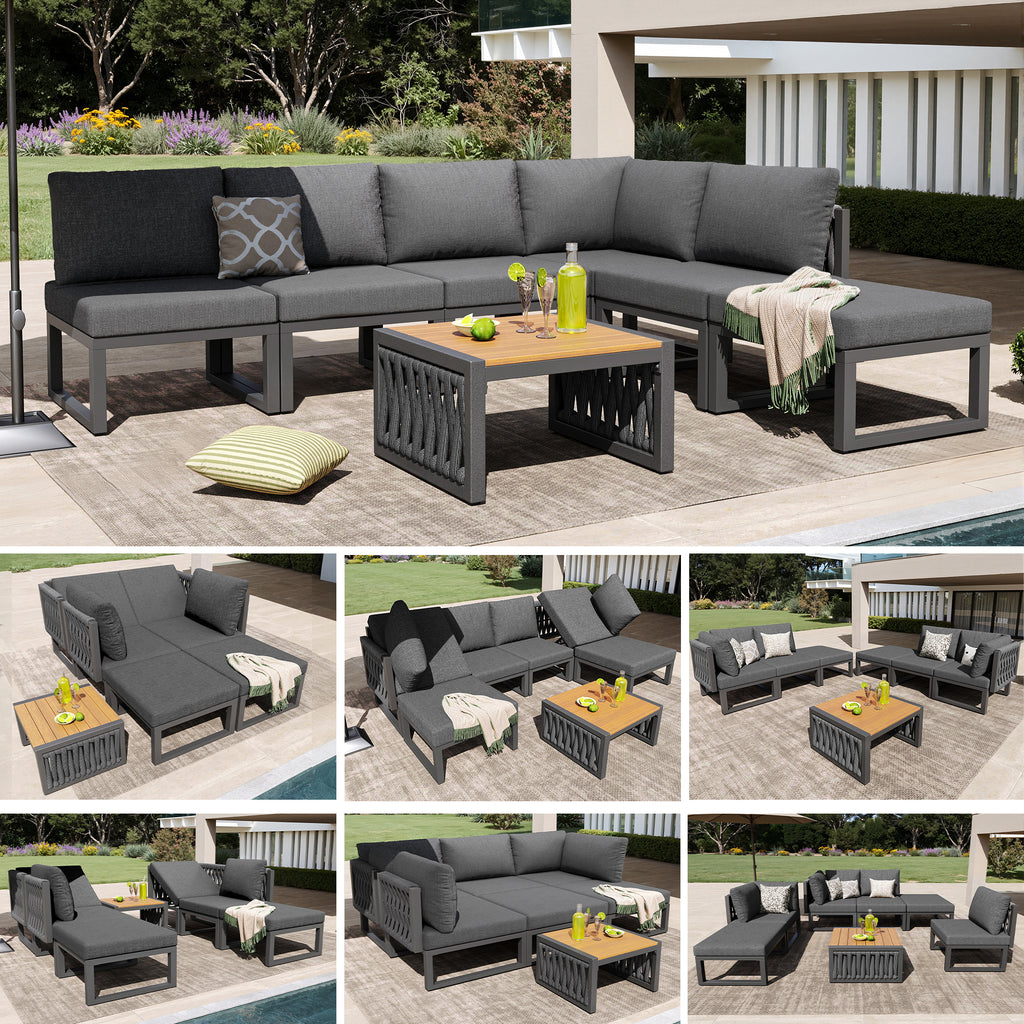 Garden Furniture Set with High-Quality Seat & Back Cushions, Garden Lounge Armchairs for 6 People, Outdoor Daybed, Adjustable Backrest Angle, Gray