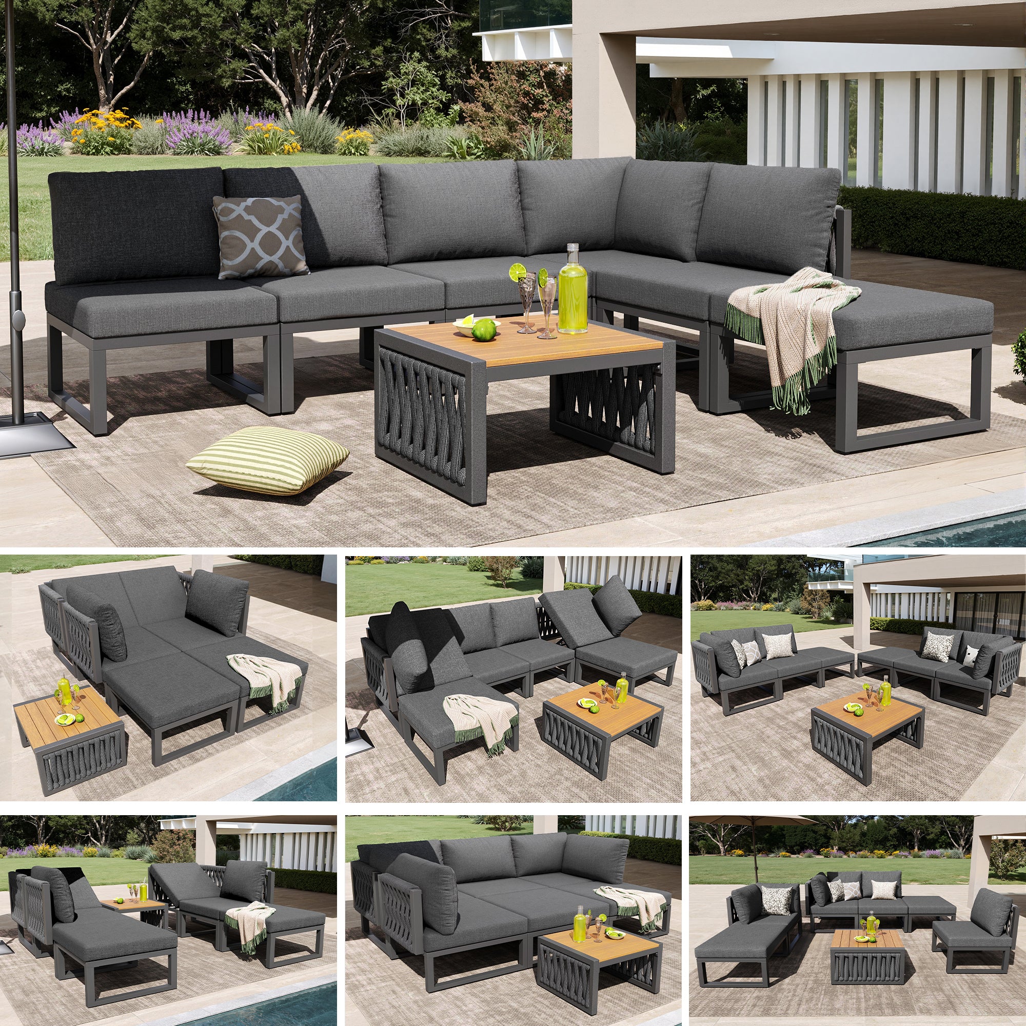 Garden Furniture Set with High-Quality Seat & Back Cushions, Garden Lounge Armchairs for 6 People, Outdoor Daybed, Adjustable Backrest Angle, Gray
