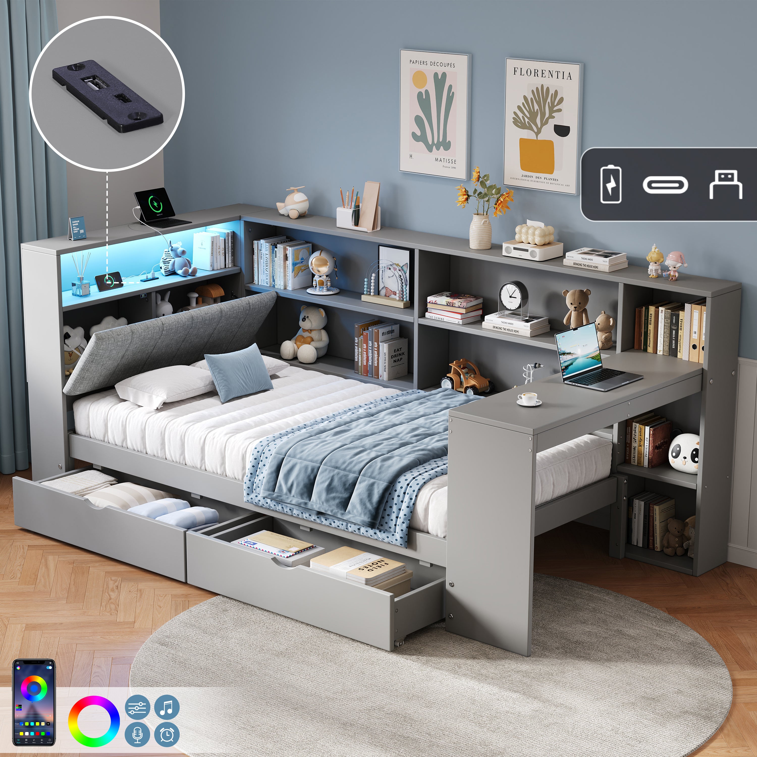 3ft Single L-Shape Daybed with Storage Drawers and Bookcase Storage, LED Linen Concealed Headboard Storage with Charging Station, Wood Bed for Living Room/ Bedroom/ Study Room, Grey (No Mattress)