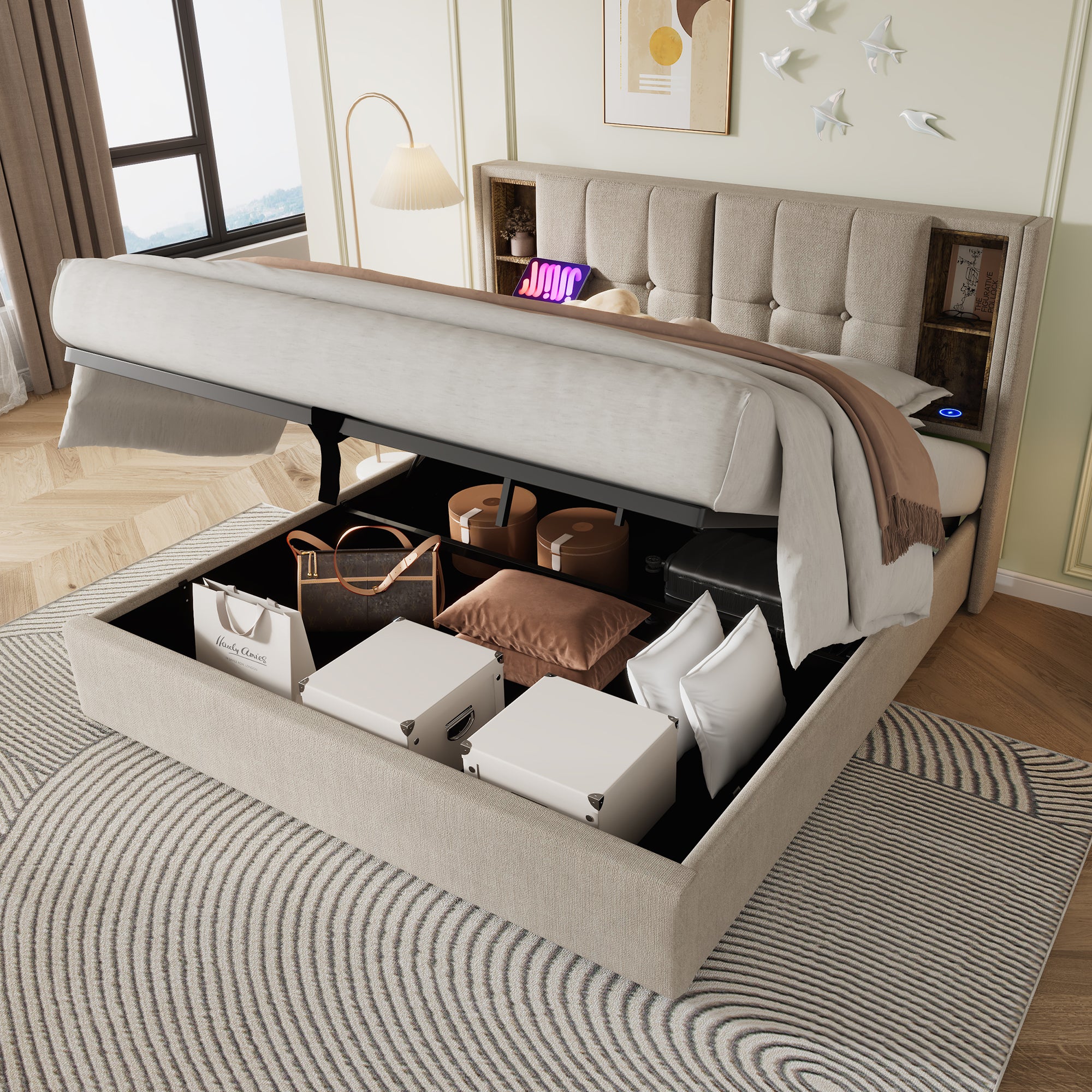 4ft6 Double Bed Frame Upholstered Bed 135 x 190 cm with Wireless Charging (USB Type-C), Hydraulic Bed with Large Storage Space, Linen Fabric, Natural (No Mattress)